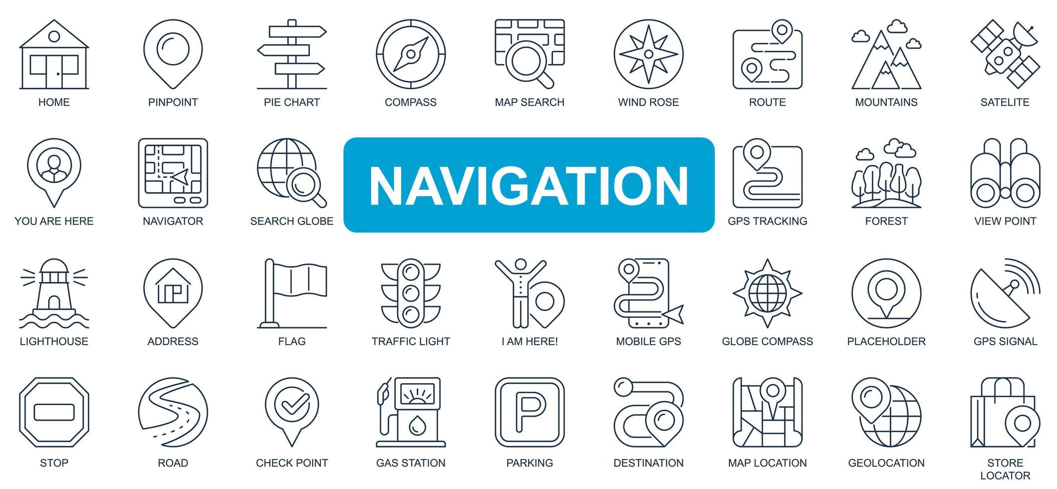 Navigation concept simple line icons set. Bundle of home, pinpoint, compass, map, search, route, mountains, satellite, tracking and other. Vector pack outline symbols for website or mobile app design
