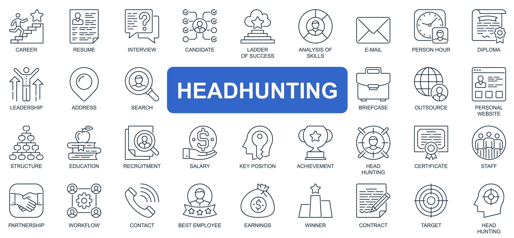 concepto de headhunting conjunto de iconos de línea simple. paquete de carrera, curriculum vitae, entrevista, candidato, análisis, liderazgo, contratación y otros. símbolos de esquema de paquete de vectores para el diseño de sitios web o aplicaciones móviles