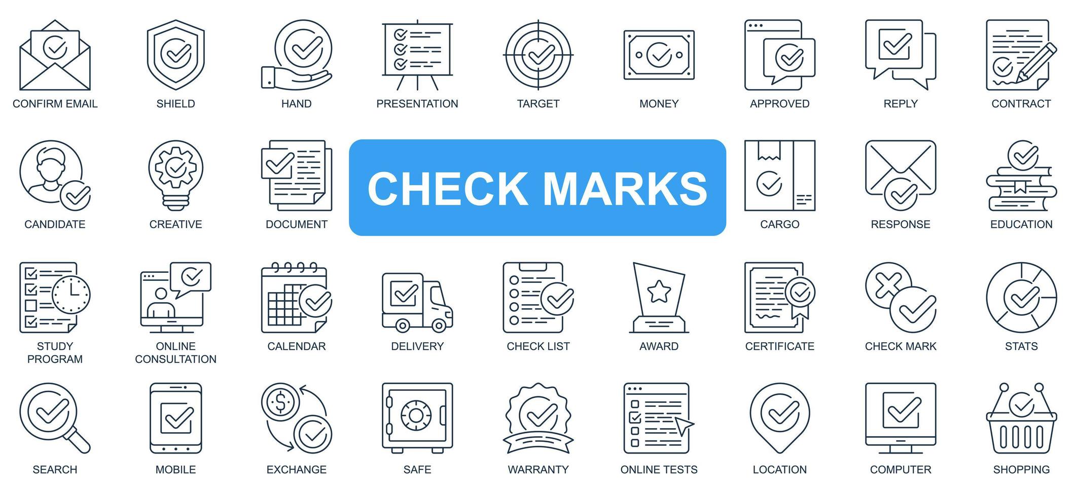Check marks concept simple line icons set. Bundle of email, shield, hand, presentation, target, money, approved, reply, contract and other. Vector pack outline symbols for website or mobile app design