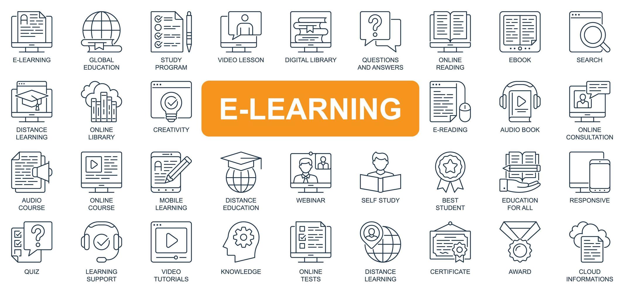 E-learning concept simple line icons set. Bundle of global 