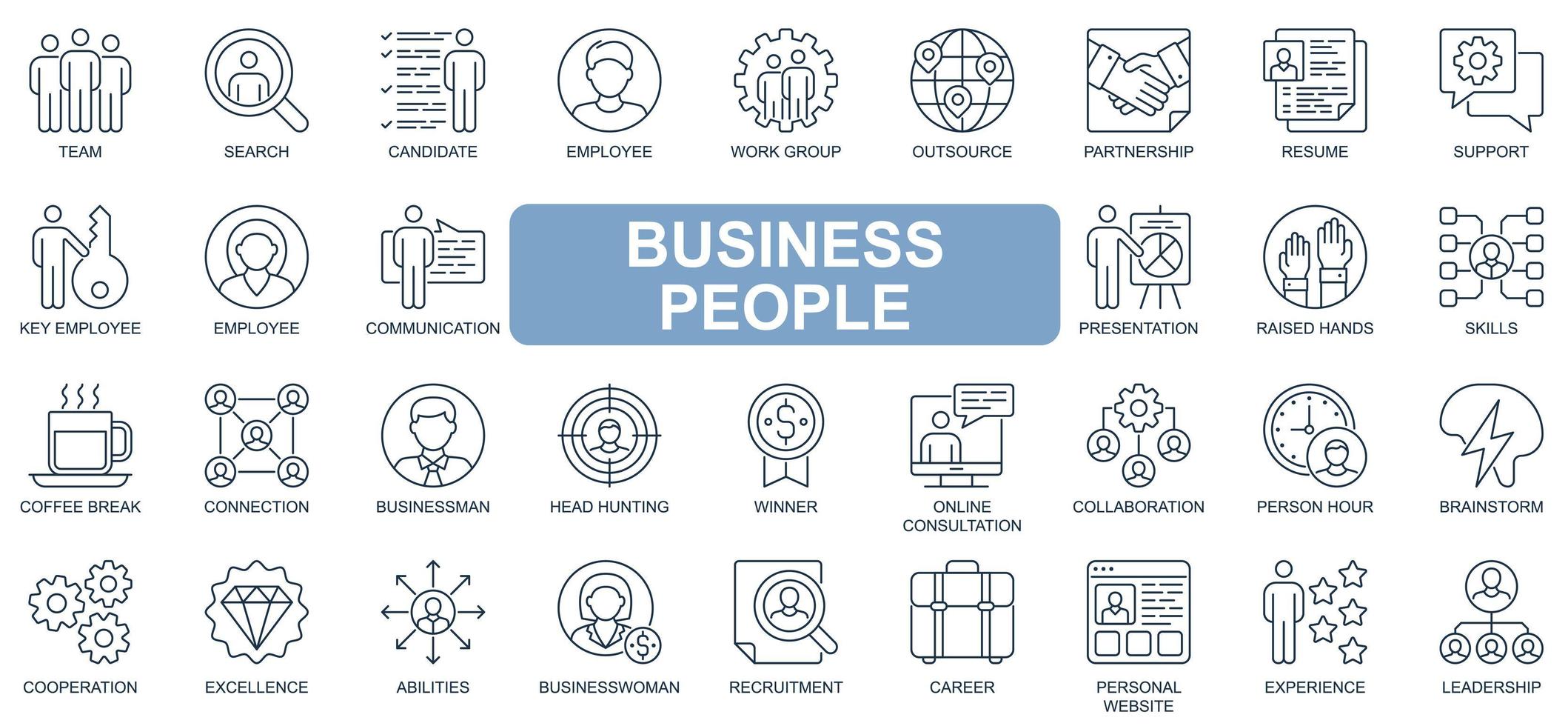 Business people concept simple line icons set. Bundle of team, employee, recruitment, partnership, consultation, brainstorm and other. Vector pack outline symbols for website or mobile app design