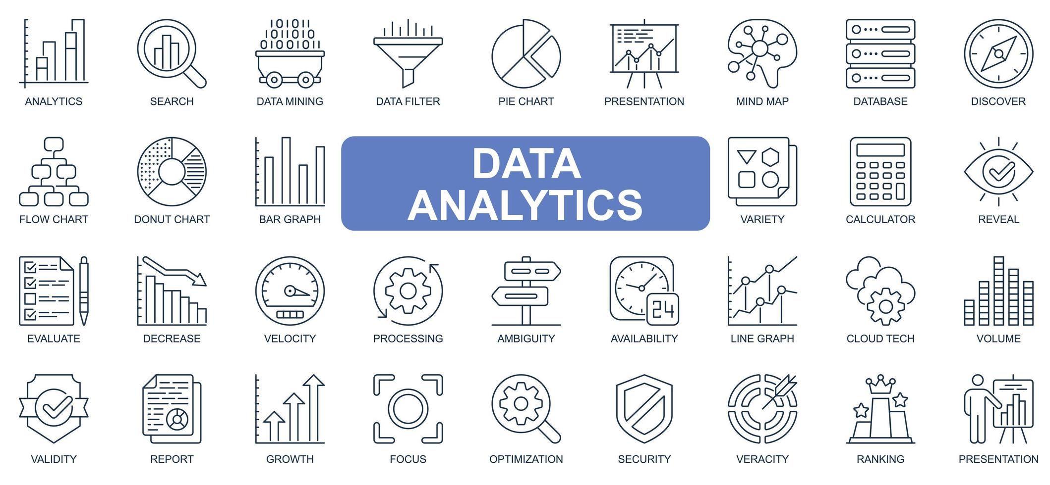 Data analytics concept simple line icons set. Bundle of search, mining filter, pie chart, presentation, database, calculator and other. Vector pack outline symbols for website or mobile app design