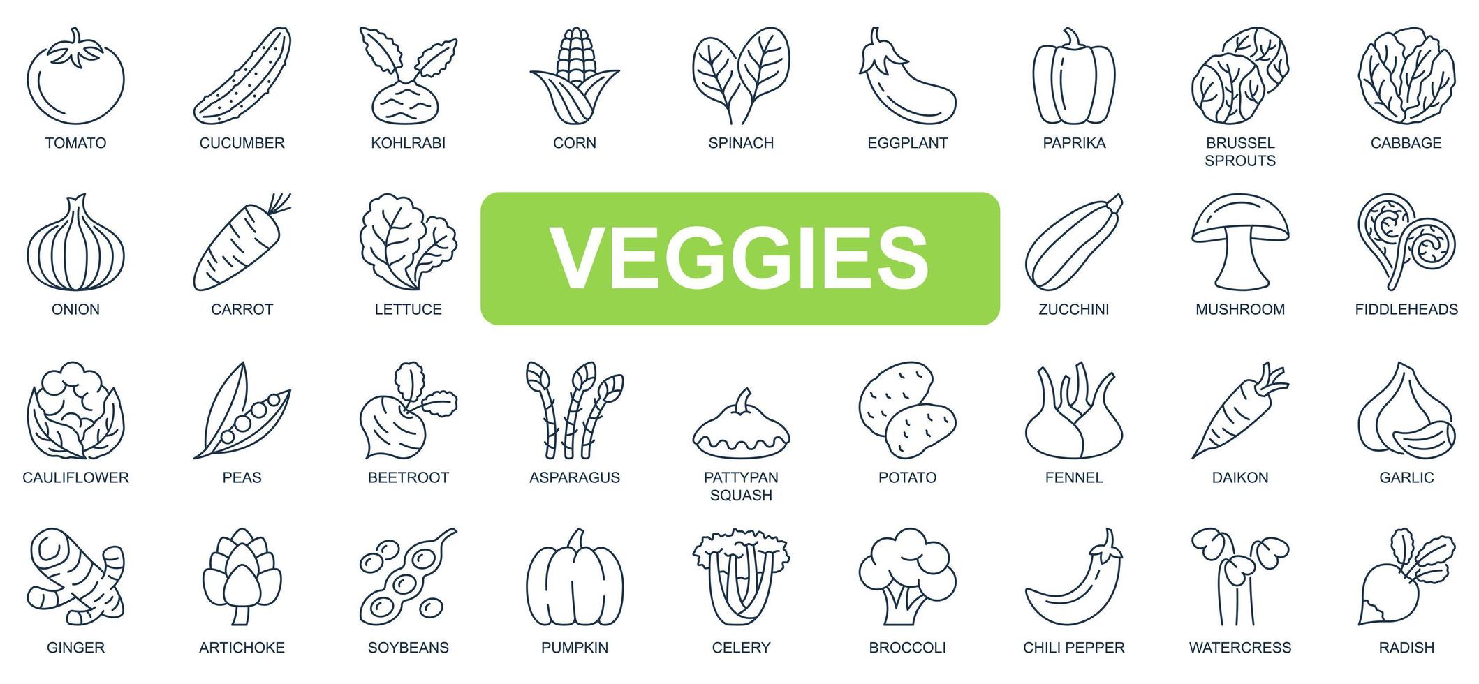 Veggies concept simple line icons set. Bundle of tomato, cucumber, spinach, eggplant, cabbage, onion, carrot, pumpkin, beetroot and other. Vector pack outline symbols for website or mobile app design