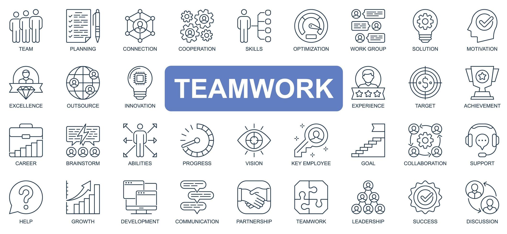 Teamwork concept simple line icons set. Bundle of team, planning, connection, cooperation, optimization, brainstorm, achievement and other. Vector pack outline symbols for website or mobile app design