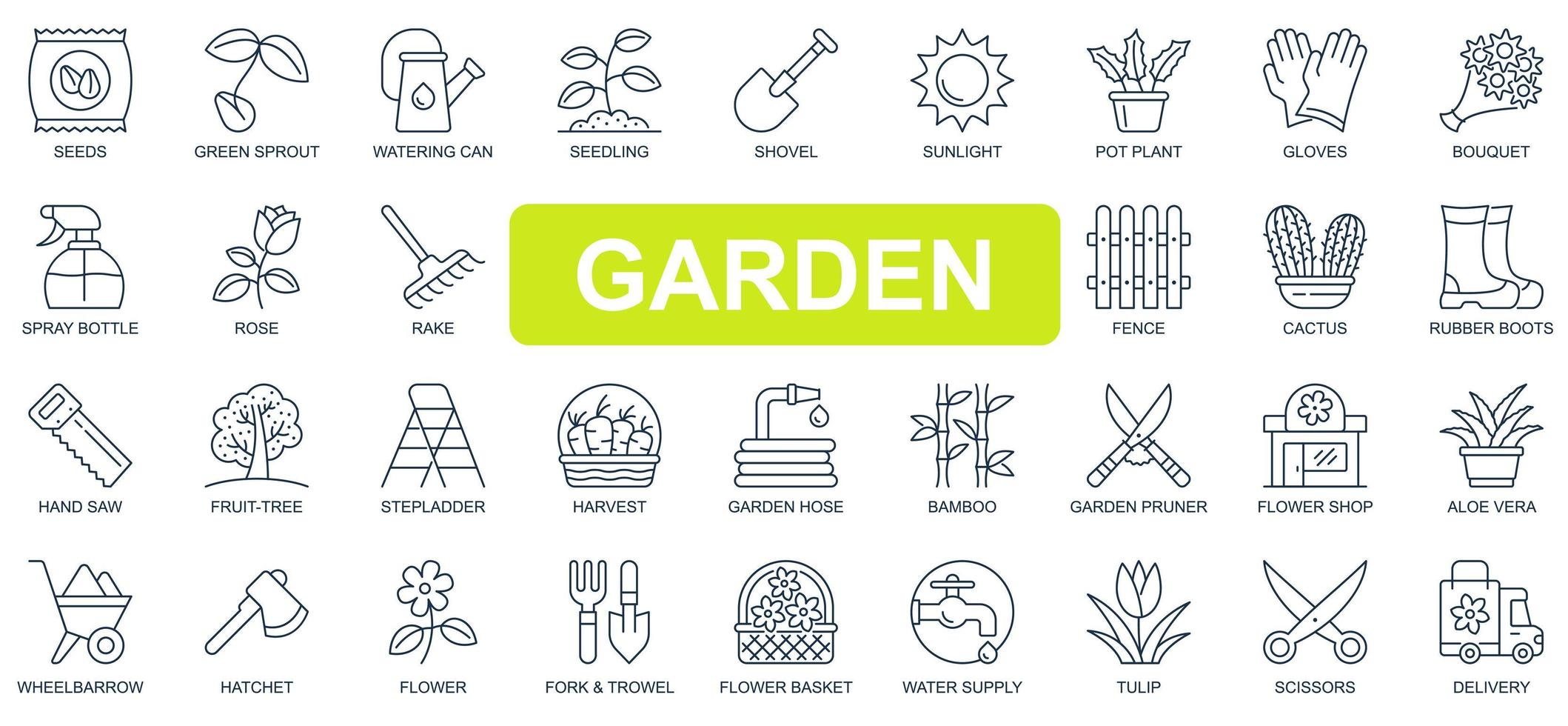 Garden concept simple line icons set. Bundle of green sprout, watering can, seedling, shovel, gloves, pot plant, harvest, supply and other. Vector pack outline symbols for website or mobile app design