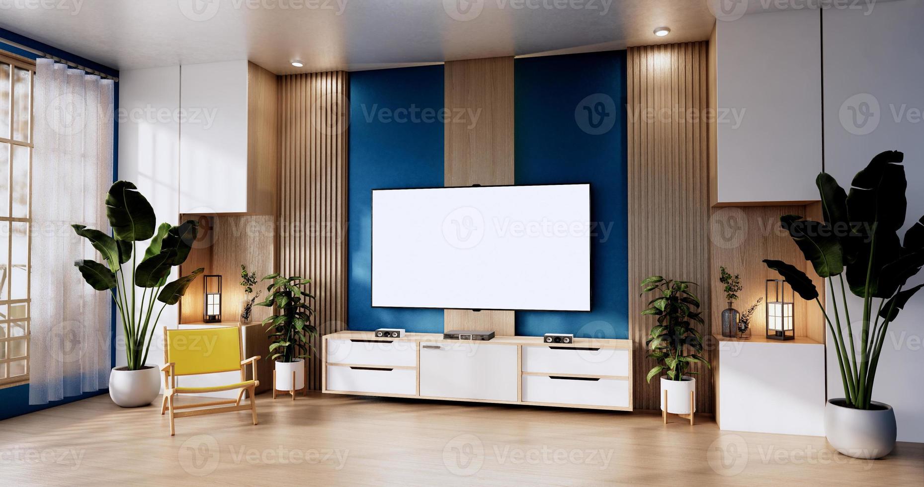 blue color room design interior with door paper and cabinet shelf wall on tatami mat floor room japanese style. 3D rendering photo
