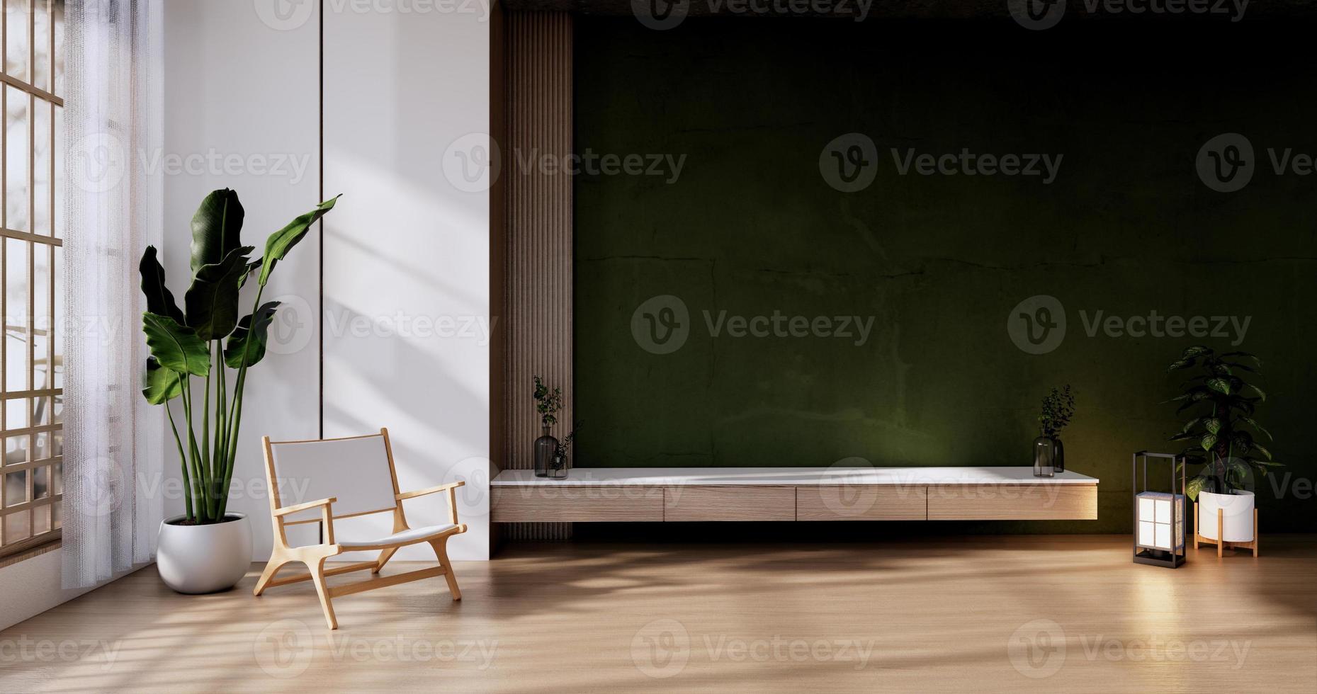 Cabinet wooden display design on Green room japanese minimalist living roon unterior, 3D rendering photo