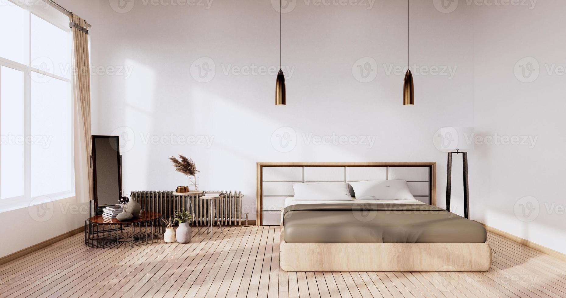 Interior minimalista y elegante de la moderna habitación de madera con una cómoda cama. Representación 3D foto