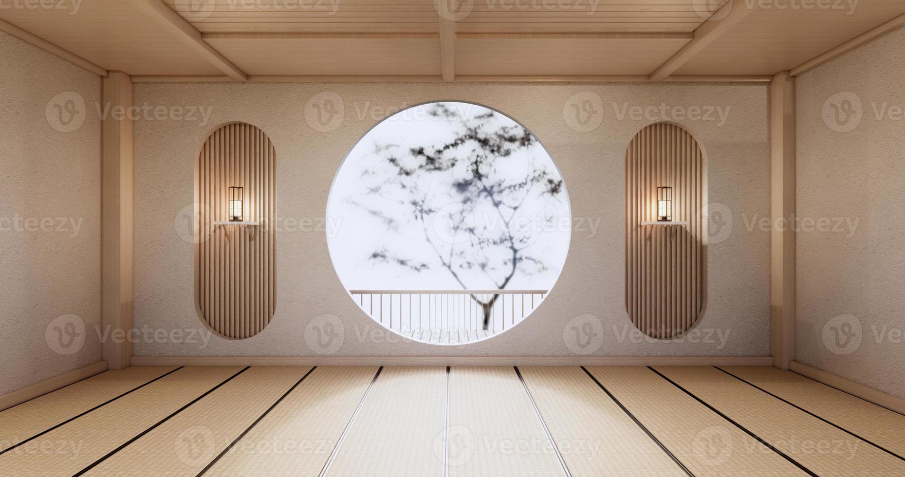 Latest Diseño De Pared De Estante Circular En Sala De Estar Vacía Deisgn Japonés Con Piso De Tatami. Representación 3d foto