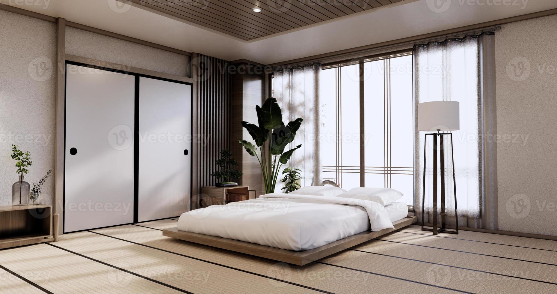 maqueta interior con planta de cama zen y decoración en dormitorio japonés. Representación 3D. foto