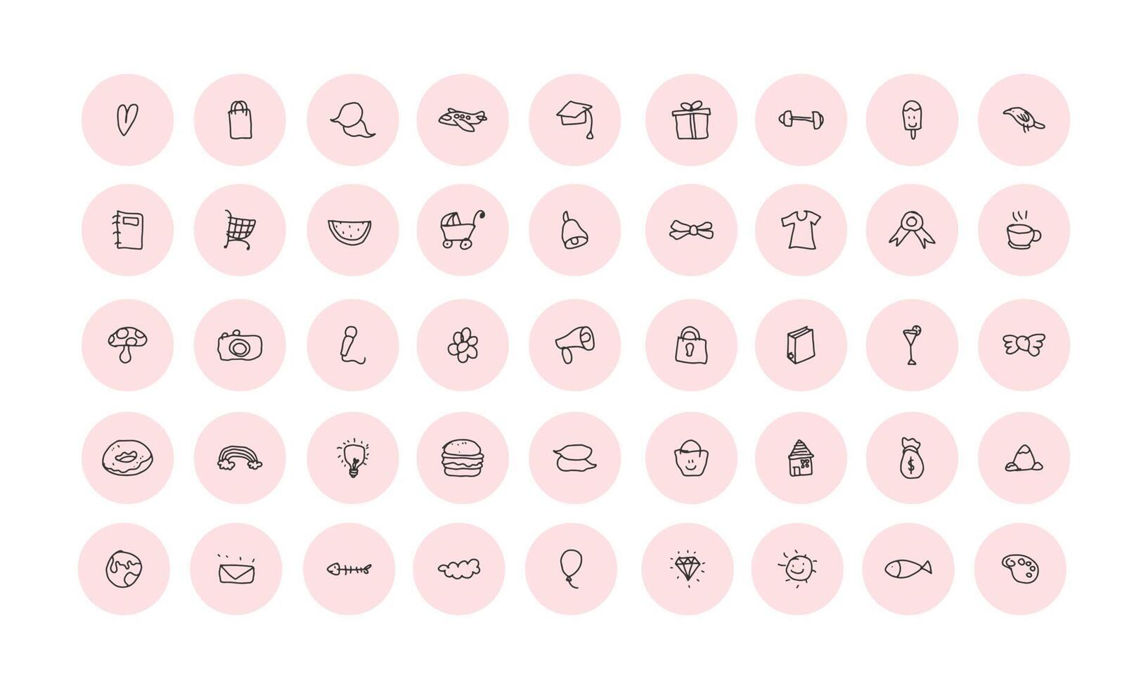 set of cute icon illustration collection for highlight cover. doodle illustration on rounded pink frame. vector