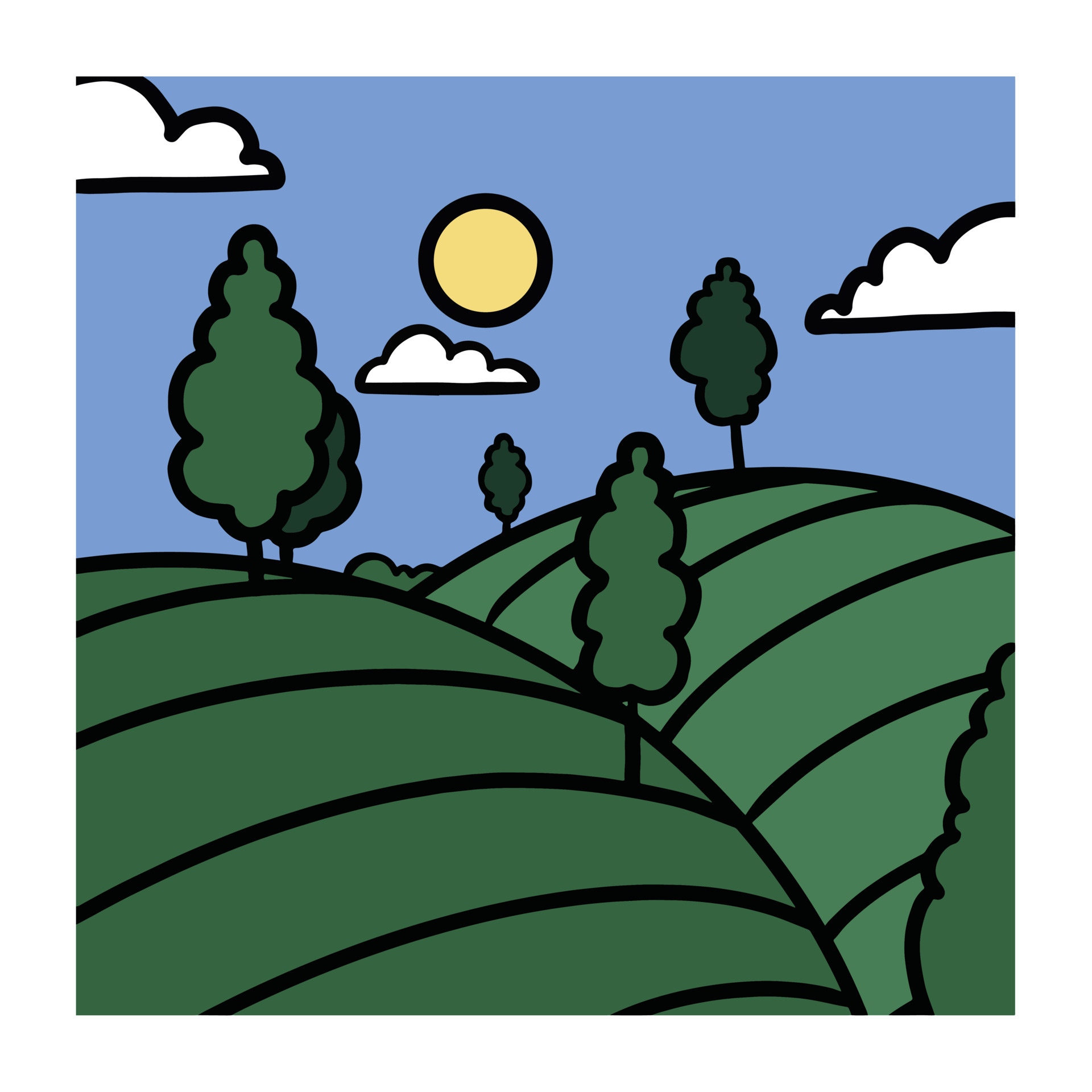 a landscape illustration in a square. simple cartoon drawing in vector  graphics. colored illustration with a black outline for a card, social  media, invitation, etc. 4586689 Vector Art at Vecteezy