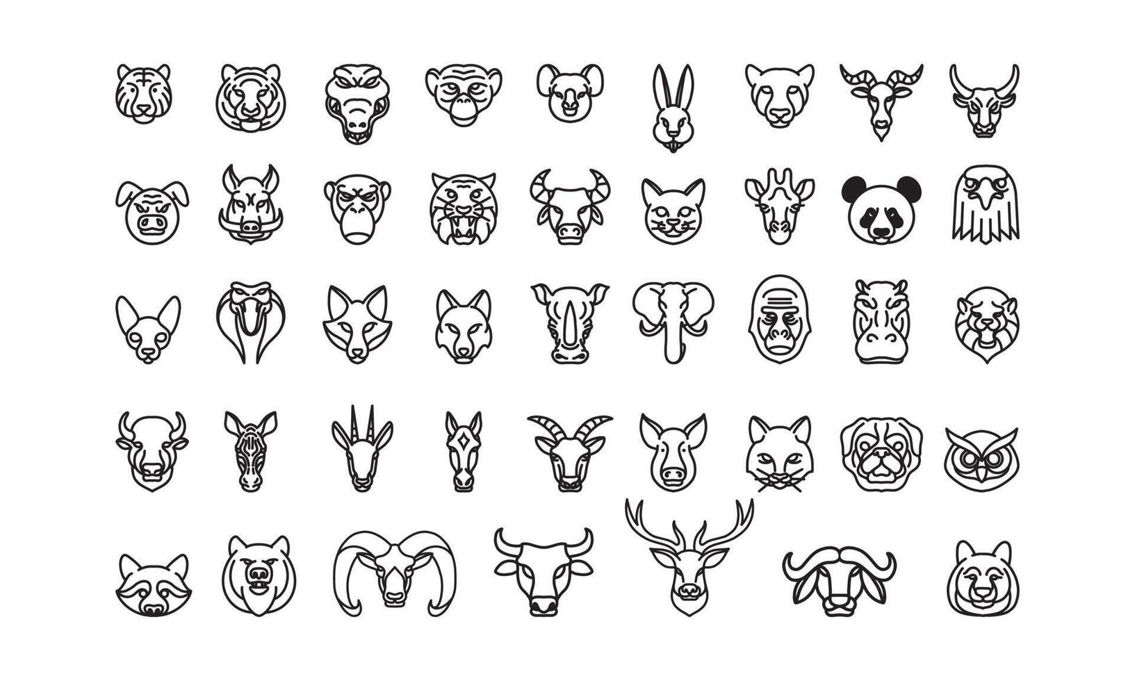 Conjunto de iconos de animales, arte de línea vectorial, conjunto de 43 cabezas de animales, ilustración de animales, iconos de animales de zoológicos y granjas, conjunto de iconos de naturaleza vector