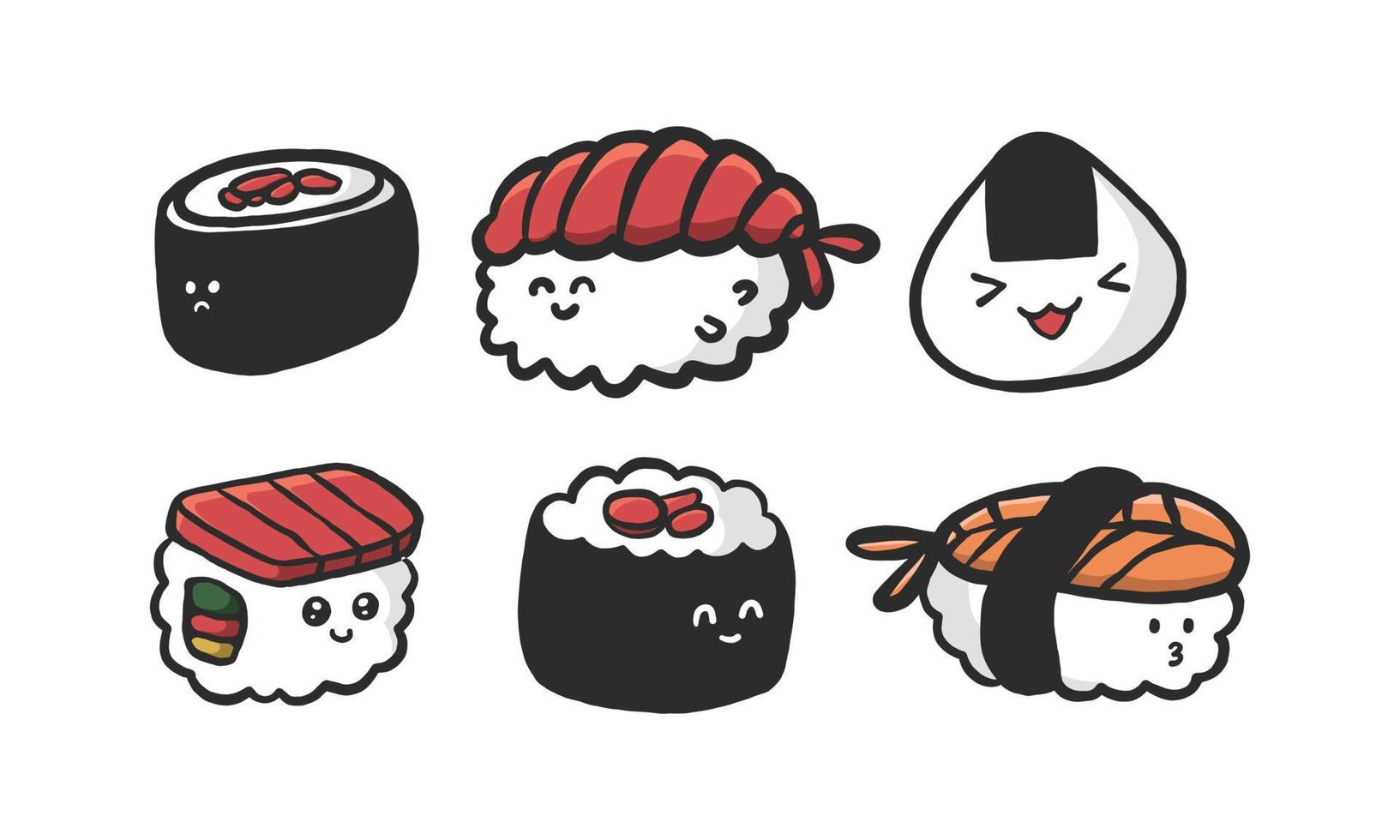 Ilustración de vector de sushi lindo con emoción facial. Caricatura de comida japonesa sonriente y alegre en diseño gráfico vectorial. Ilustración de comida kawaii.