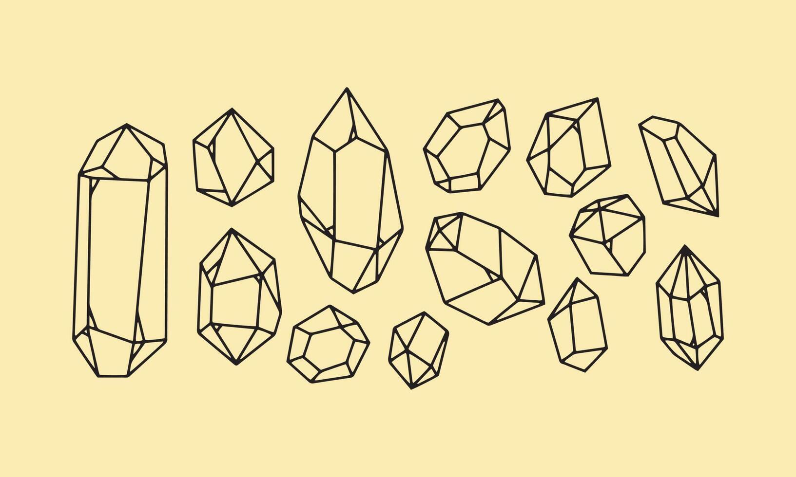 set Crystal lineart  icon. Outline element kit of mineral stone for game. diamond, emerald, aquamarine. Simple crystal black contour vector Illustration