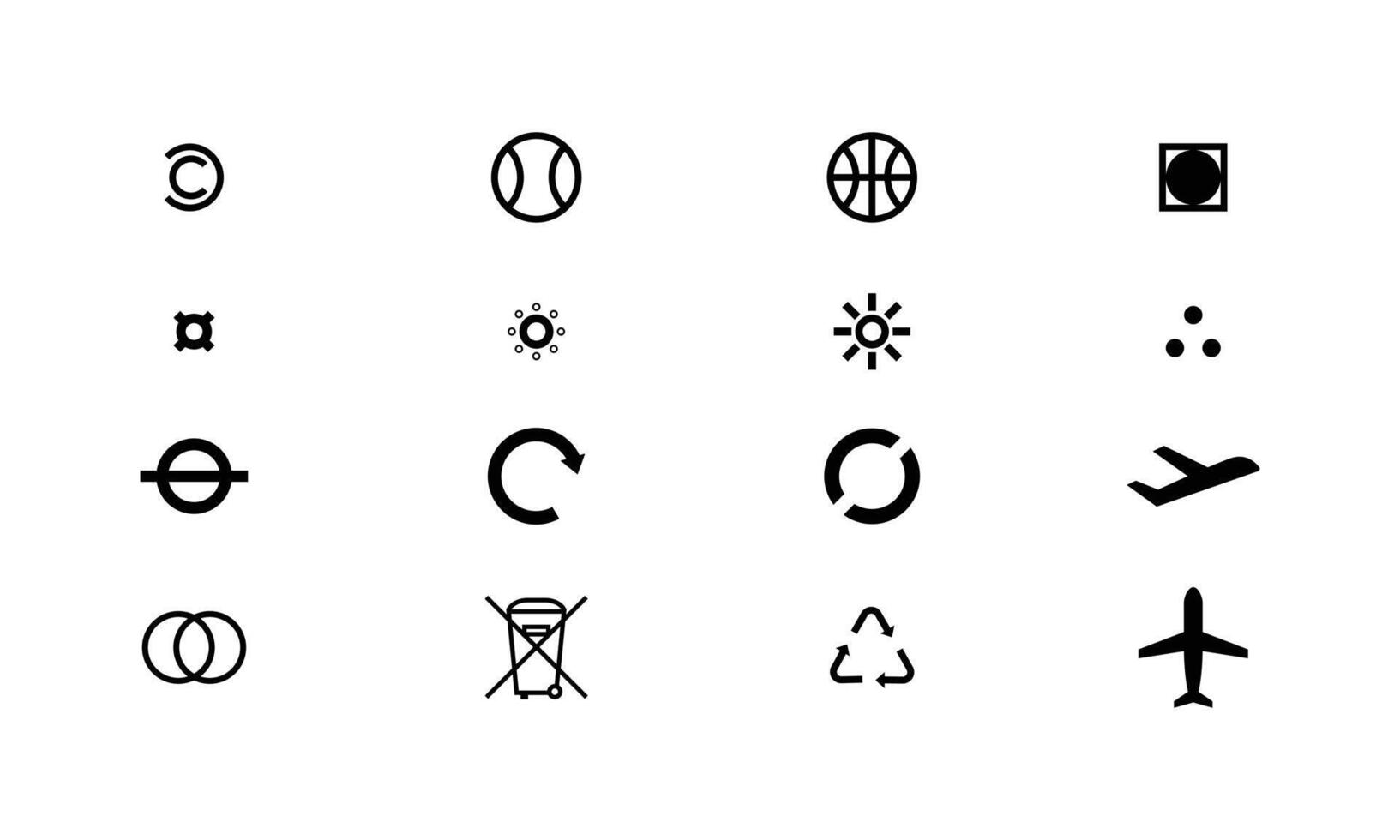 conjunto de colección de iconos de varios planes de logotipos aleatorios, bolas, sol, reciclaje, etc.Edición en estilo simple en blanco y negro. elementos de formas geométricas aisladas sobre fondo blanco en el vector de diseño de logotipo.