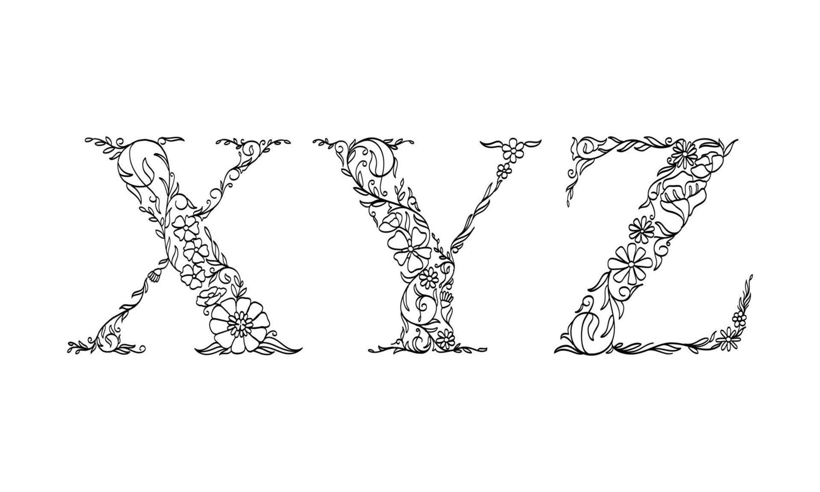 Ilustración floral alfabeto x, y, z, fuente gráfica de vector hecha por flores y hojas, arte lineal creativo dibujado a mano para la naturaleza abstracta y natural que se ve en una decoración de diseño monocromático único