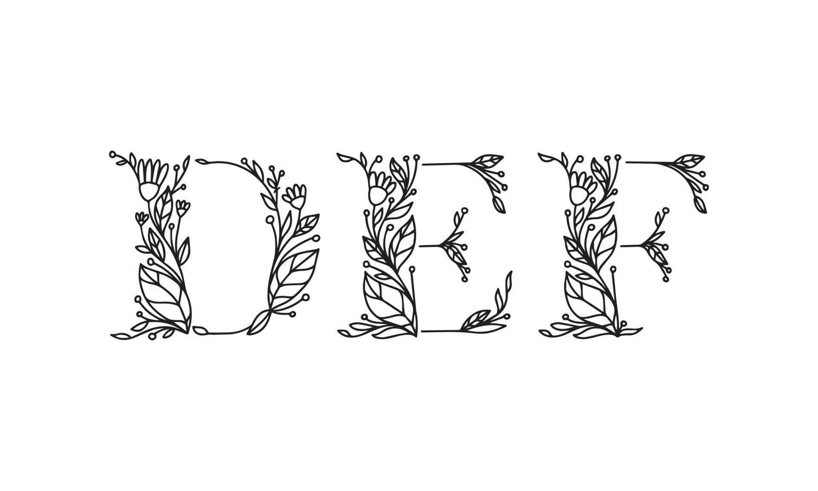 Ilustración floral alfabeto fuente gráfica de vector hecha por plantas de flores y hojas arte lineal dibujado a mano creativo para apariencia de estilo de naturaleza abstracta y natural en una decoración de diseño monocromático único