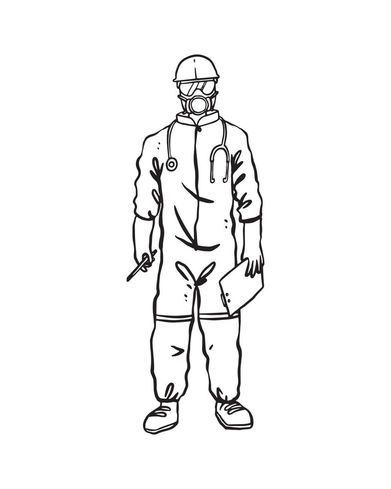 Medical team in personal protective equipment to protect against virus outbreak infections such as COVID-19, Ebola, and SARS. Isolated hand drawn in thin line style vector illustration