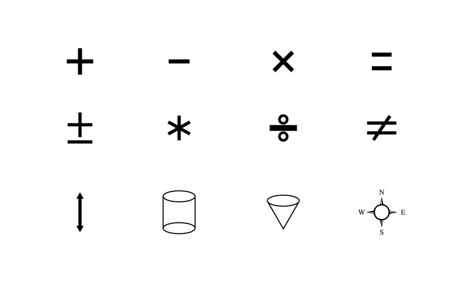 colección de iconos conjunto de edición de logotipo de matemáticas en estilo blanco y negro simple. elementos de formas geométricas aisladas sobre fondo blanco en el vector de diseño de logotipo.