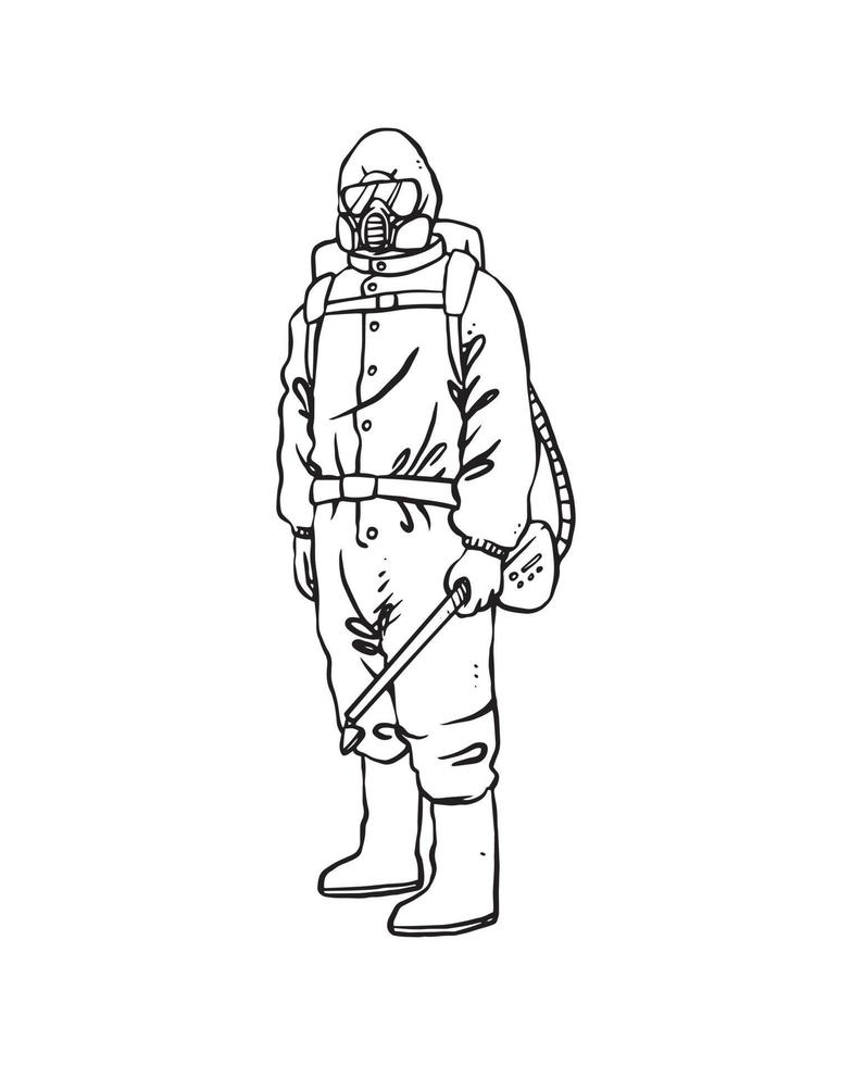 Medical team in personal protective equipment to protect against virus outbreak infections such as COVID-19, Ebola, and SARS. Isolated hand drawn in thin line style vector illustration