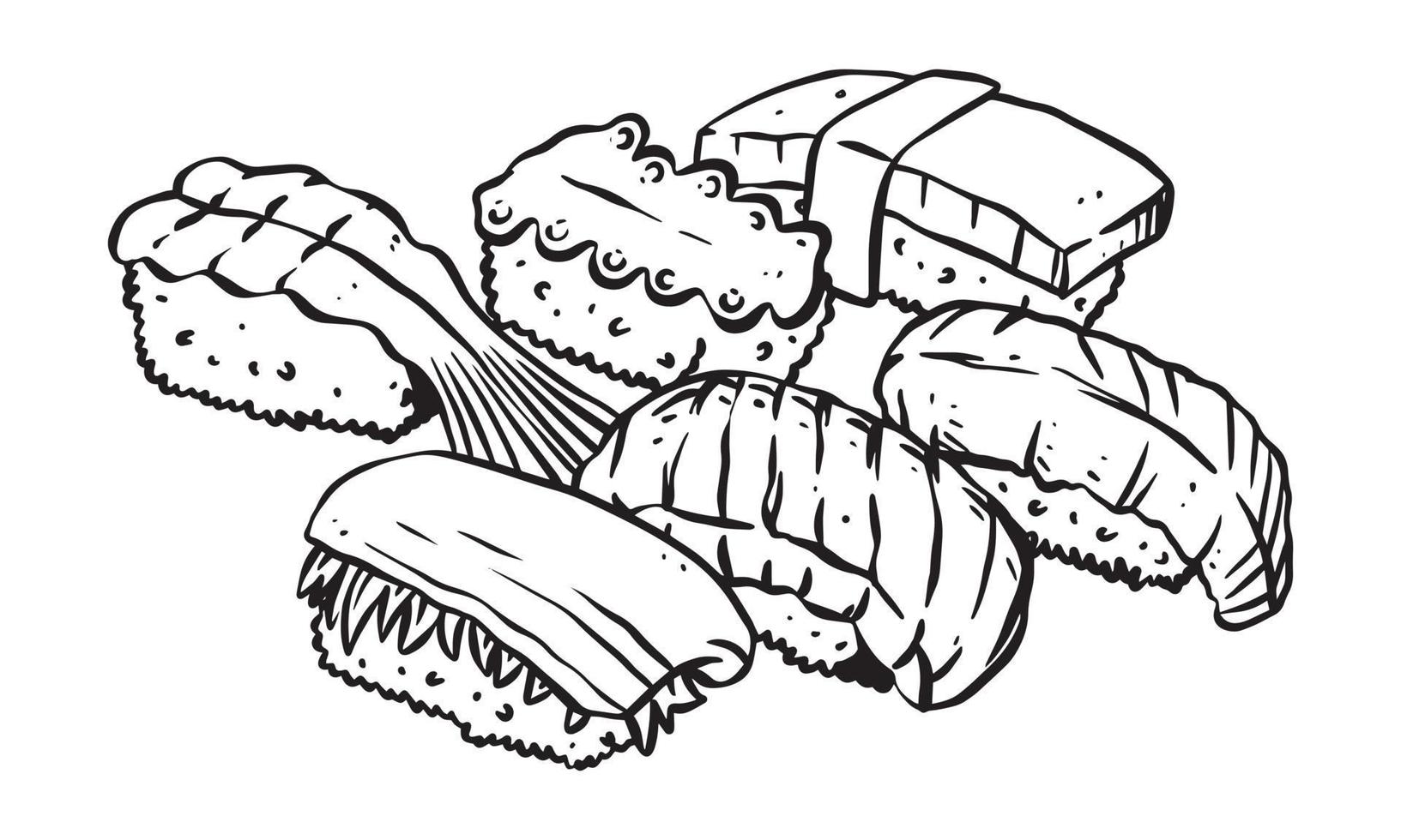 conjunto de sushi dibujado a mano ilustración, vector de comida tradicional japonesa