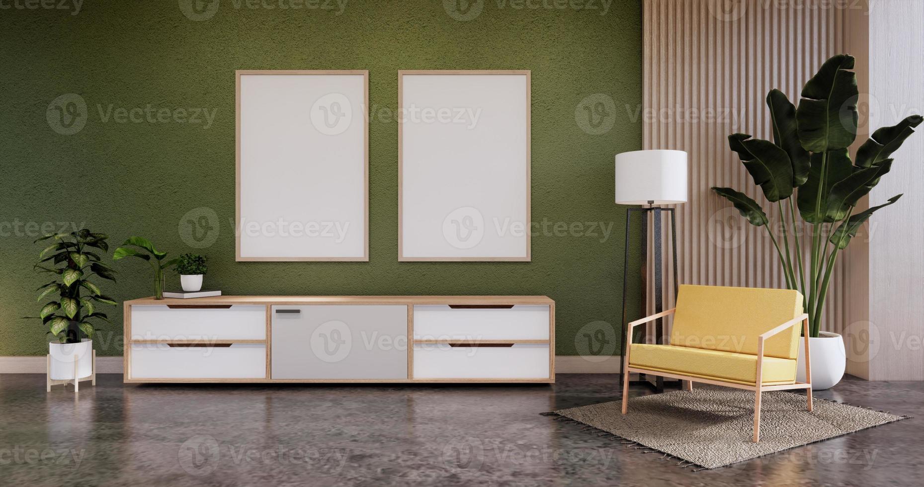 Cabinet wooden display design on Green room japanese minimalist living roon unterior, 3D rendering photo