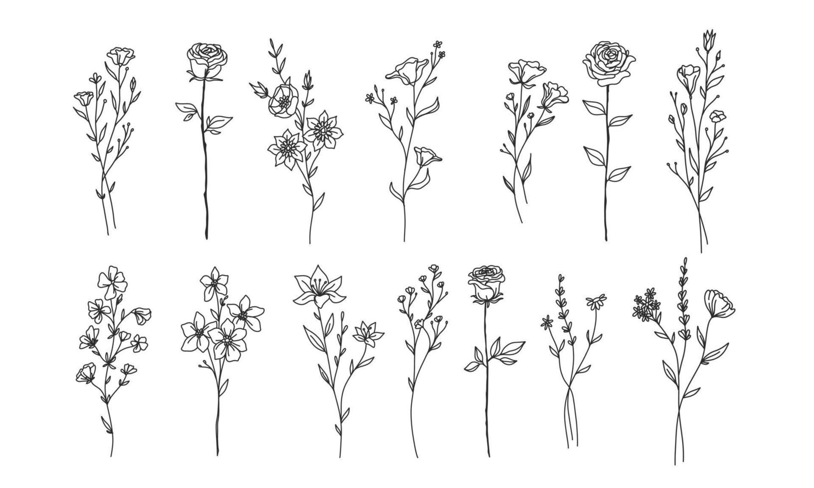 conjunto de elementos florales dibujados a mano para su diseño, ilustración de hojas y flores para crear un diseño romántico o vintage, gráfico aislado de plantas muy fácil de agregar a su proyecto de diseño vector