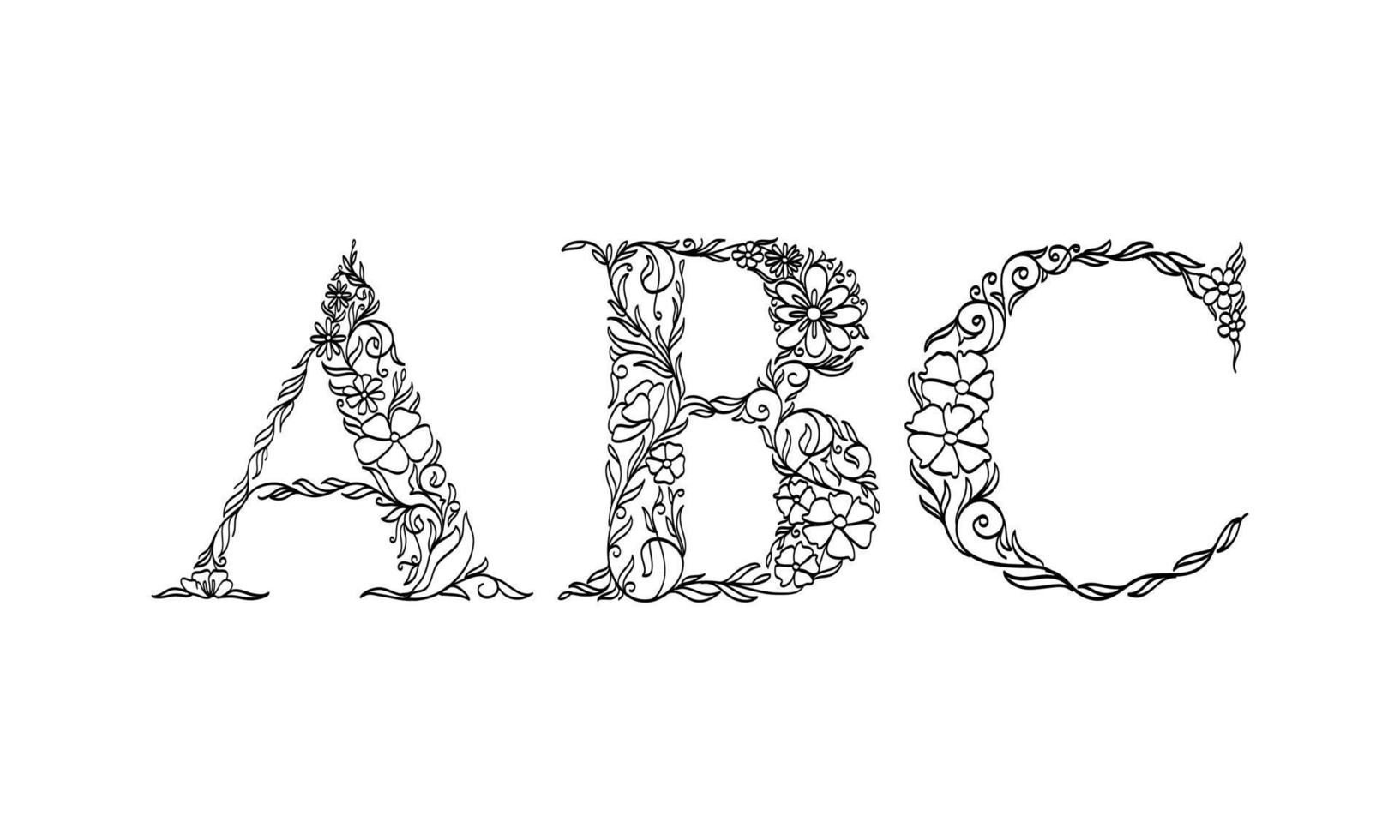 Ilustración floral alfabeto a, b, c, fuente gráfica vectorial hecha por flores y hojas, arte lineal dibujado a mano creativo para la naturaleza abstracta y natural, apariencia en una decoración de diseño monocromático único. vector