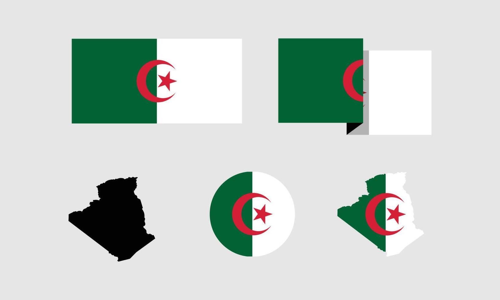 Algeria attributes. flag in rectangle, round, and maps. set of element vector illustrations for national celebration day.