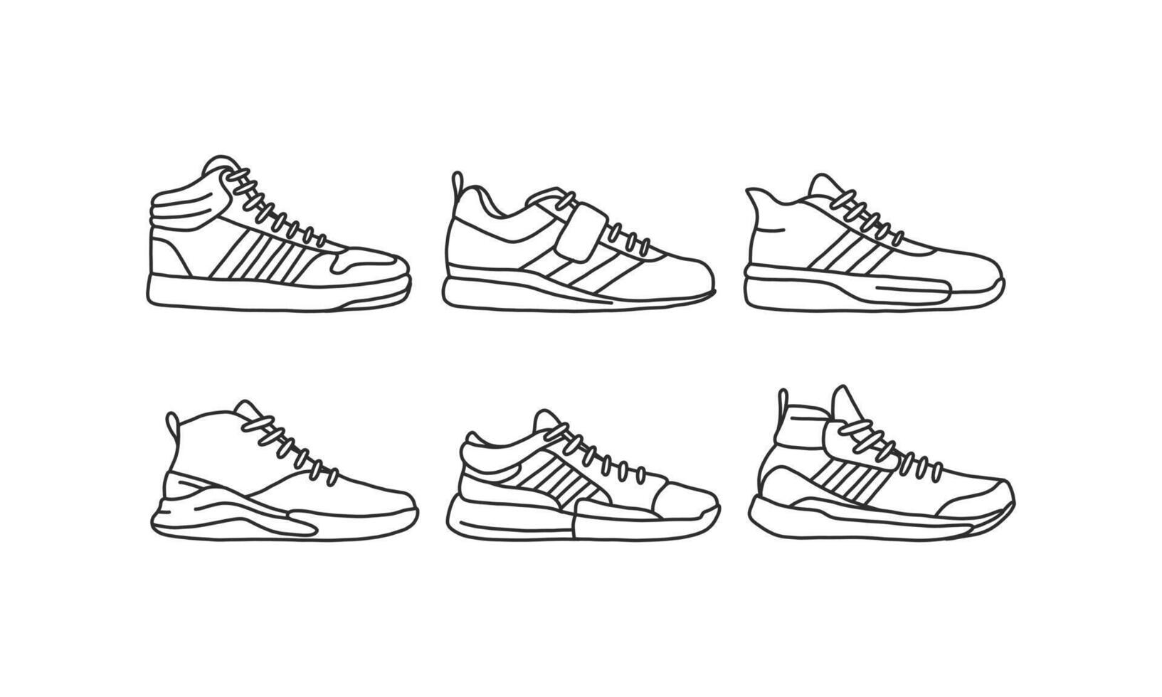 Set of sports and lifestyles shoes, sneaker vector hand drawn collection, shoe lineart icon. new shoe illustration for sport and branding design element