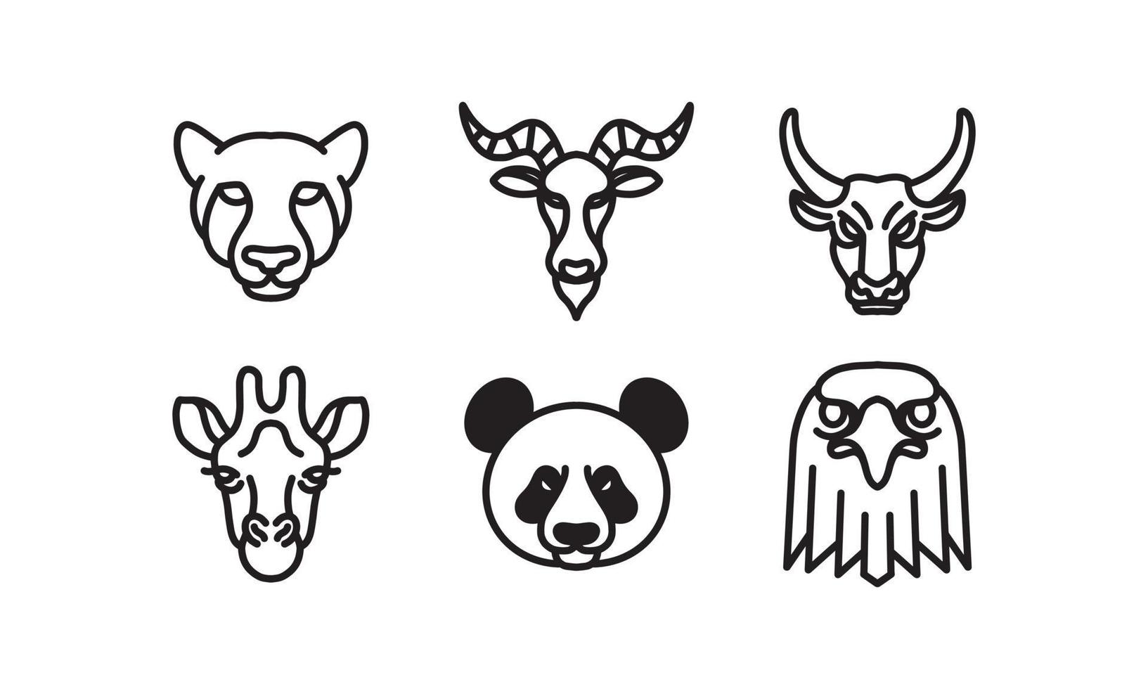 conjunto de 6 cabezas de animales salvajes, icono de línea de vector de animal, arte de línea de vector de cabeza de animal, ilustración de animal aislado