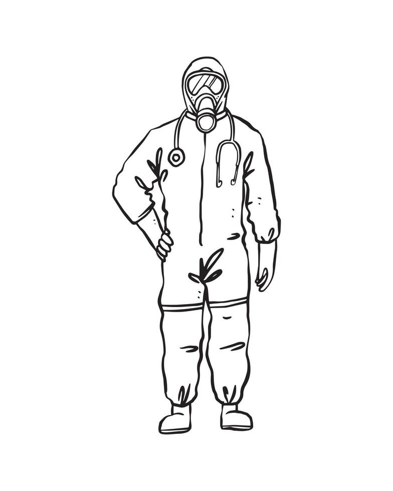 Medical team in personal protective equipment to protect against virus outbreak infections such as COVID-19, Ebola, and SARS. Isolated hand drawn in thin line style vector illustration