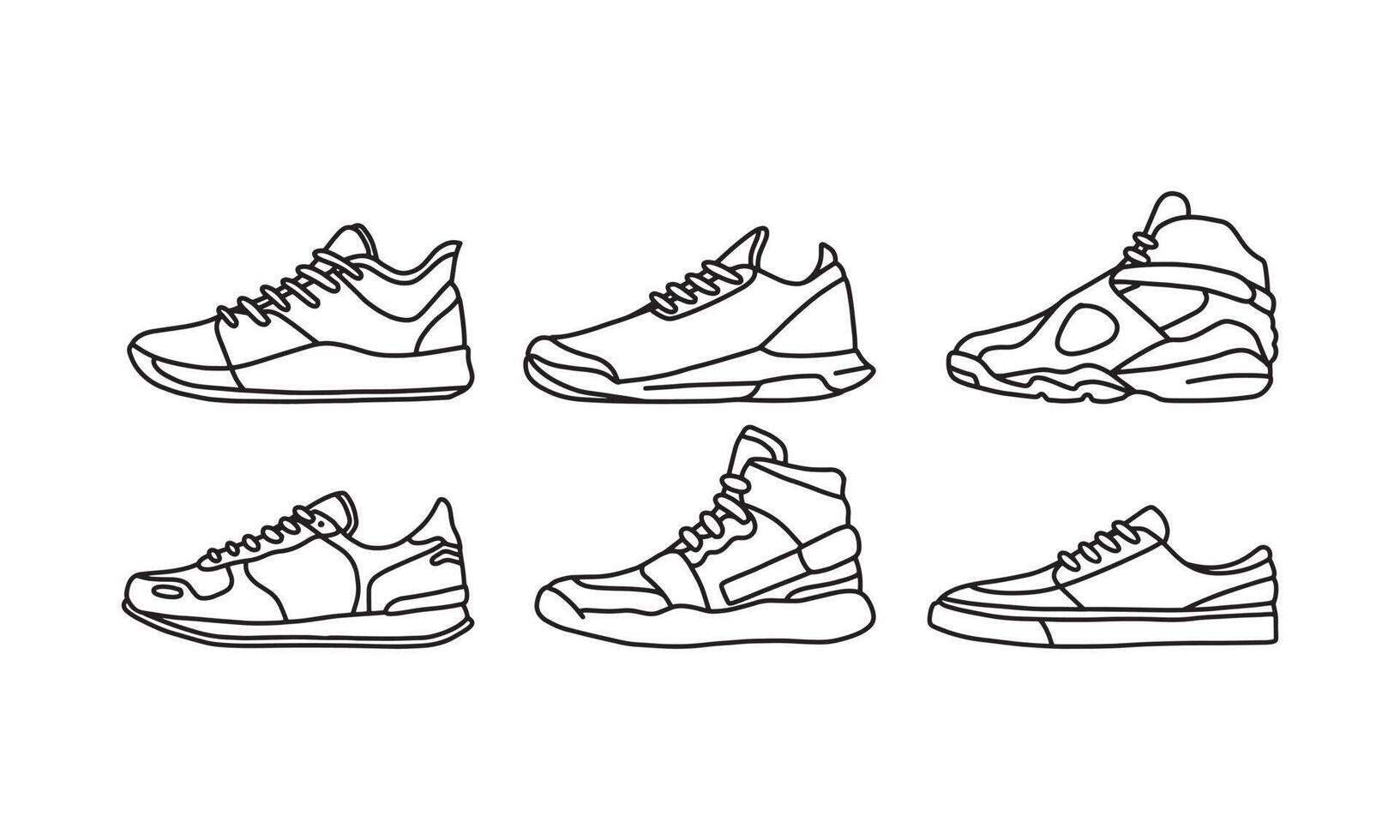 conjunto de zapatos deportivos y de estilo de vida, colección dibujada a mano de vector de zapatillas, icono de lineart de zapatos. nueva ilustración de zapato para deporte y elemento de diseño de marca