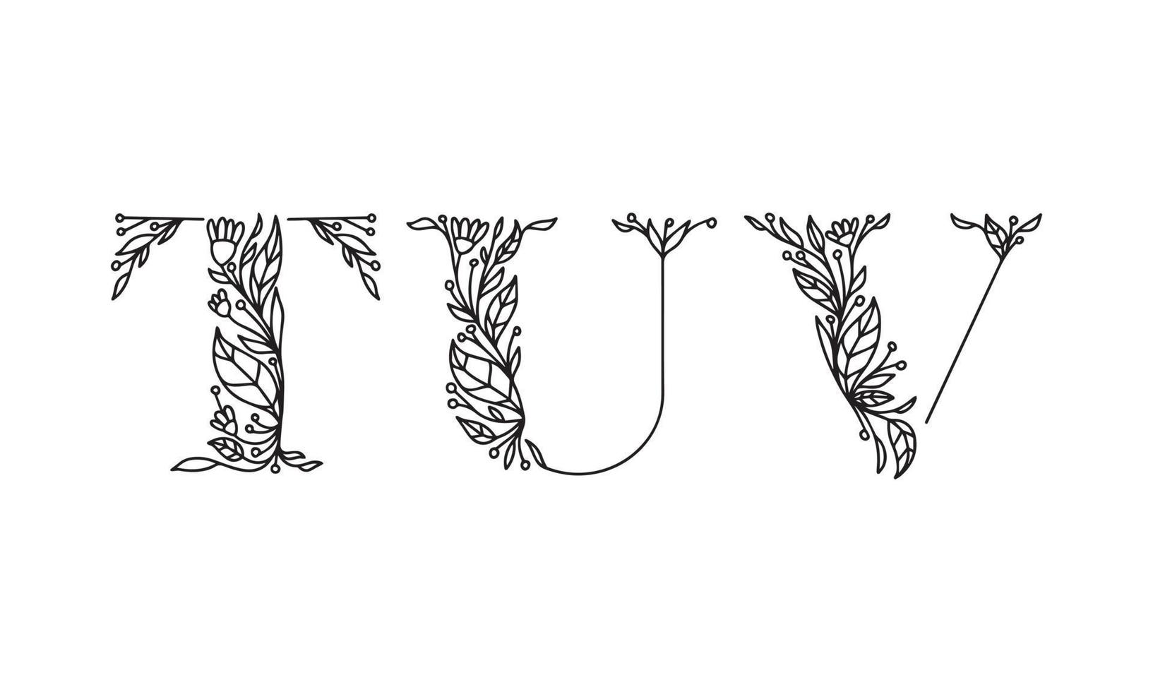 floral illustration alphabet vector graphic font made by flower and leaf plant creative hand drawn line art for abstract and natural nature style looks in unique monochrome design decoration