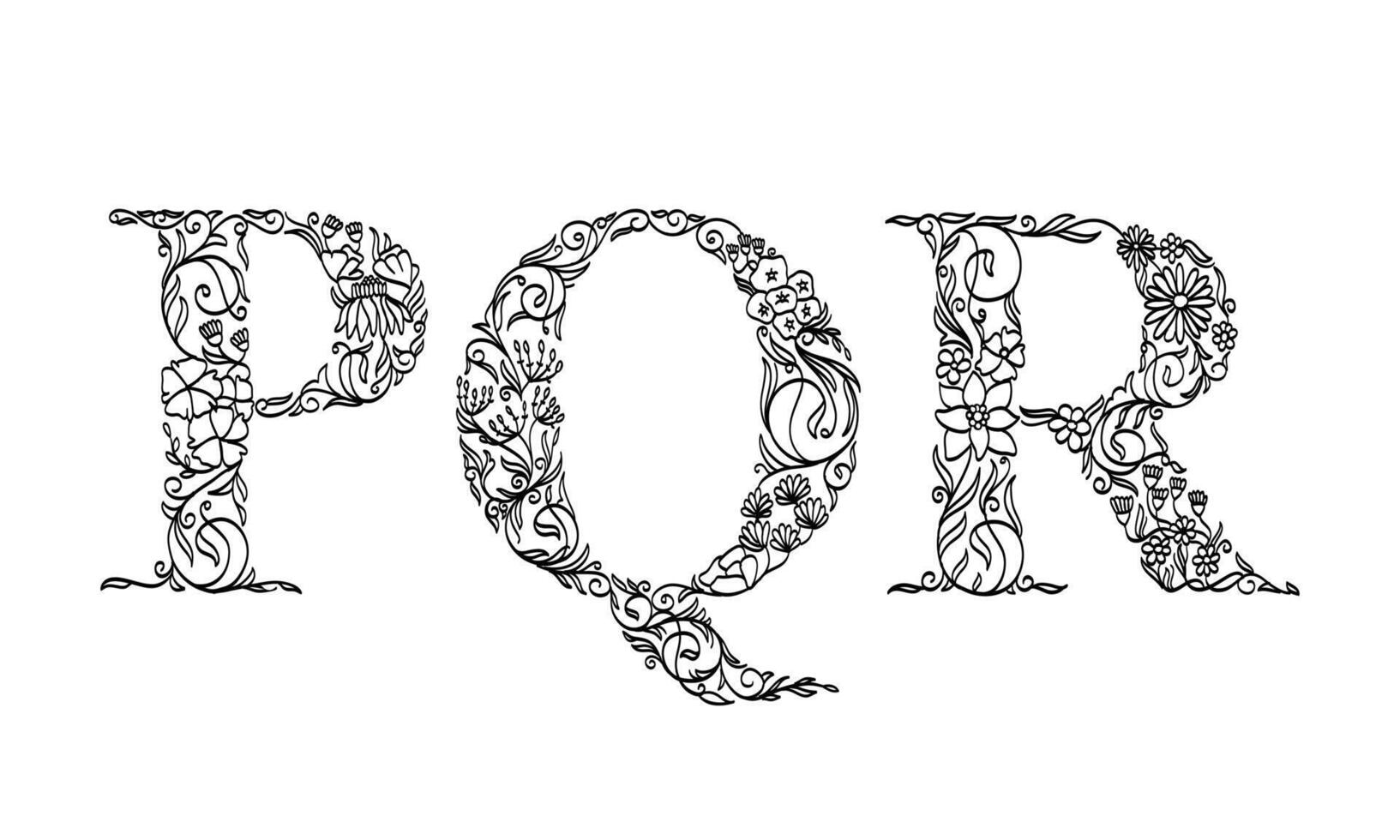 floral illustration alphabet p, q, r, vector graphic font made by flower and leaf plant creative hand drawn line art for abstract and natural nature style looks in unique monochrome design decoration