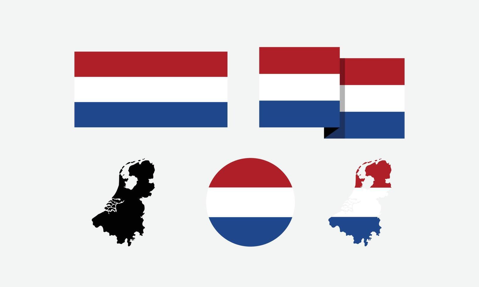 Netherlands attributes. flag in rectangle, round, and maps. set of element vector illustrations for national celebration day.