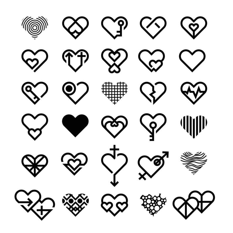 una variedad de iconos de amor. conjunto de varios estilos de ilustración de corazón o amor para decoración de elementos creativos, símbolo, icono y logotipo. vector