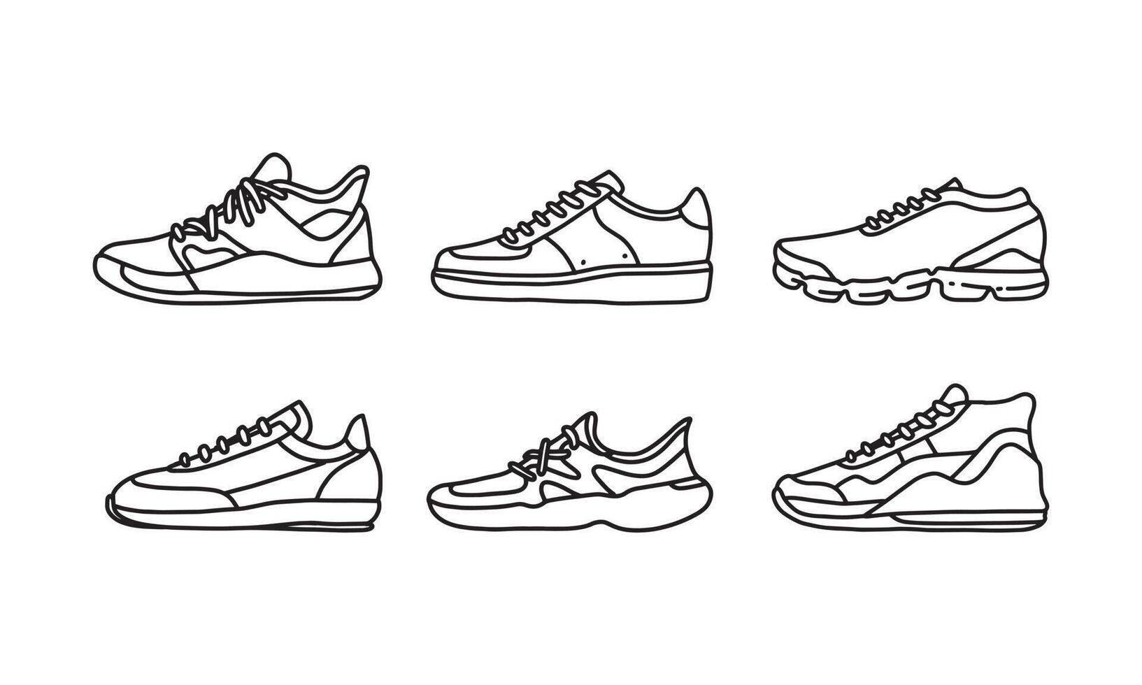 conjunto de zapatos deportivos y de estilo de vida, colección dibujada a mano de vector de zapatillas, icono de lineart de zapatos. nueva ilustración de zapato para deporte y elemento de diseño de marca