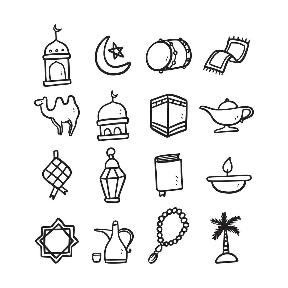 Set of 16 popular islamic icon with thin line style. Islamic logo design vector isolated in white background. Use for islamic event like ramadan kareem and ied mubarak or for pictogram assets