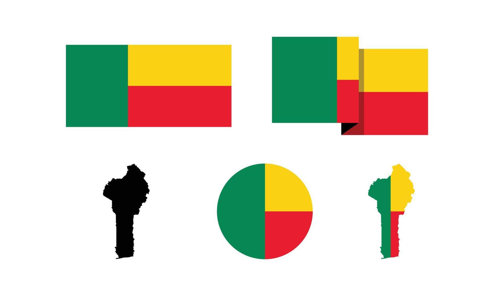 Benin attributes. flag in rectangle, round, and maps. set of element vector illustrations for national celebration day.