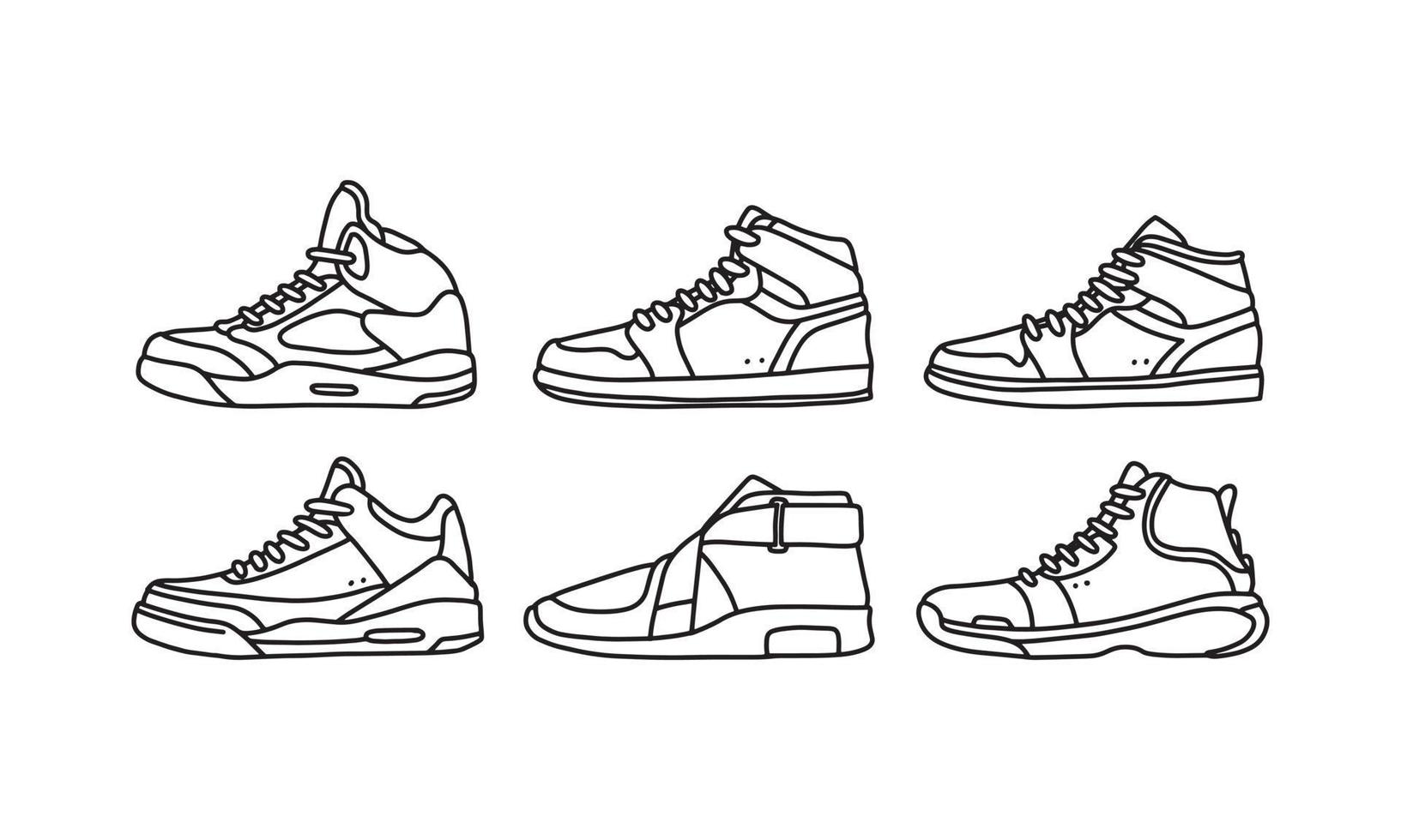 conjunto de zapatos deportivos y de estilo de vida, colección dibujada a mano de vector de zapatillas, icono de lineart de zapatos. nueva ilustración de zapato para deporte y elemento de diseño de marca