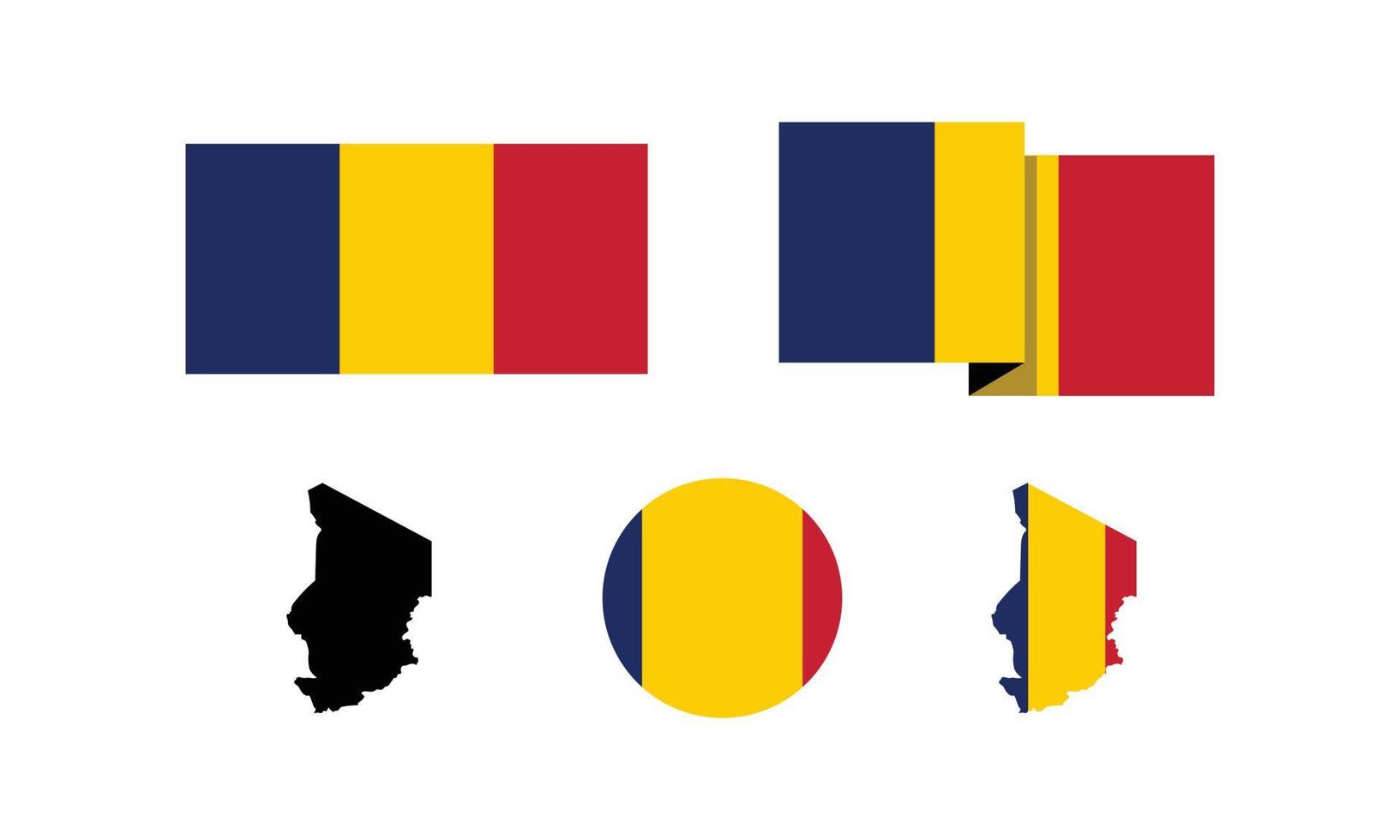 Republic of Chad attributes. flag in rectangle, round, and maps. set of element vector illustrations for national celebration day.