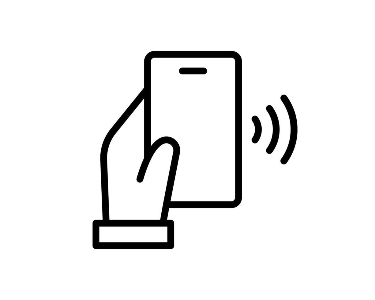 icono de vector de tecnología nfc. mano que sostiene el teléfono, teléfono inteligente, signo de contorno de línea simple wawe. concepto de pago nfc de comunicación de campo cercano. diseño plano aislado en blanco.