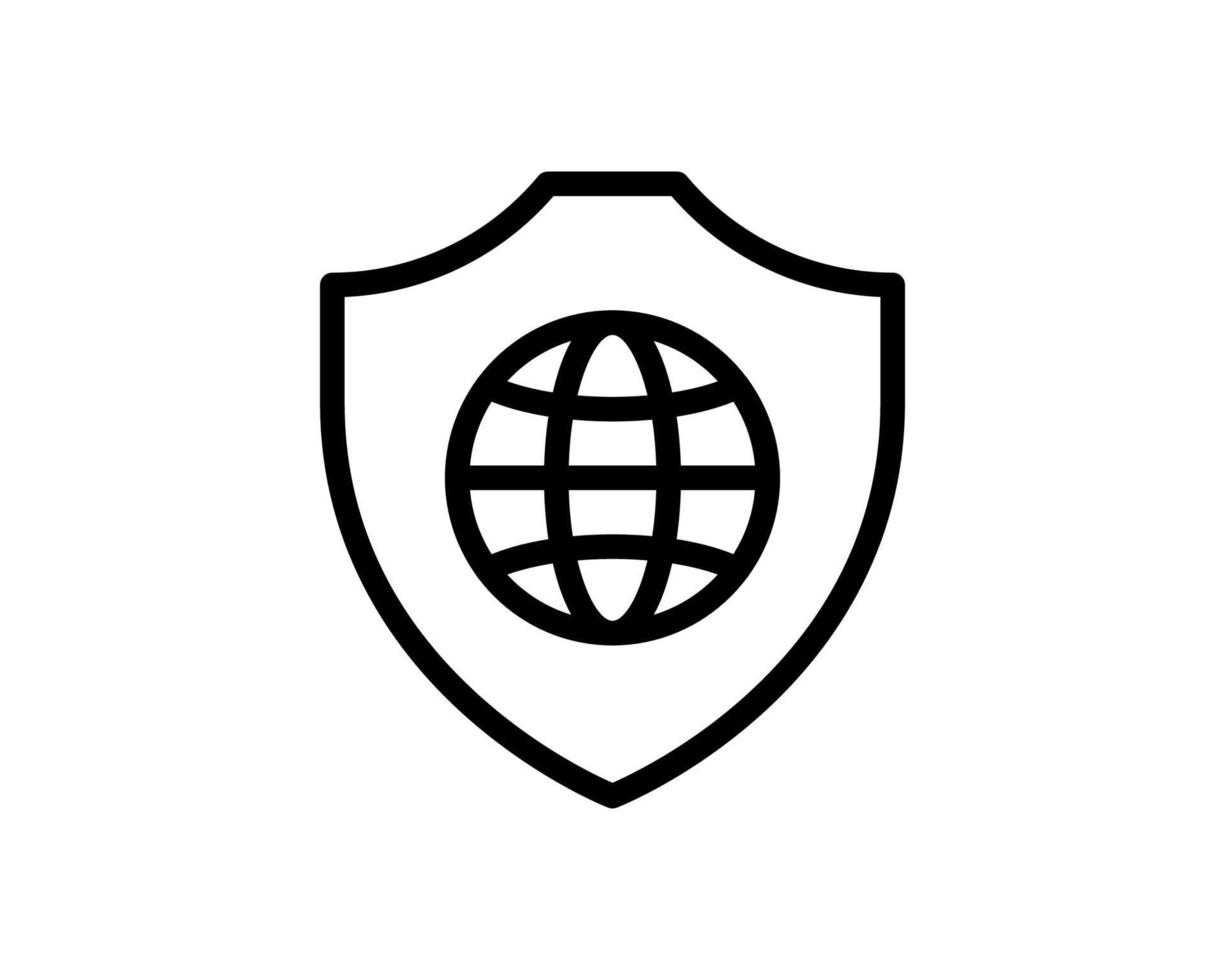 Global network security line icon. World protection linear style sign for mobile concept and web design. Globe and shield outline vector icon. Symbol, logo illustration. Vector graphics