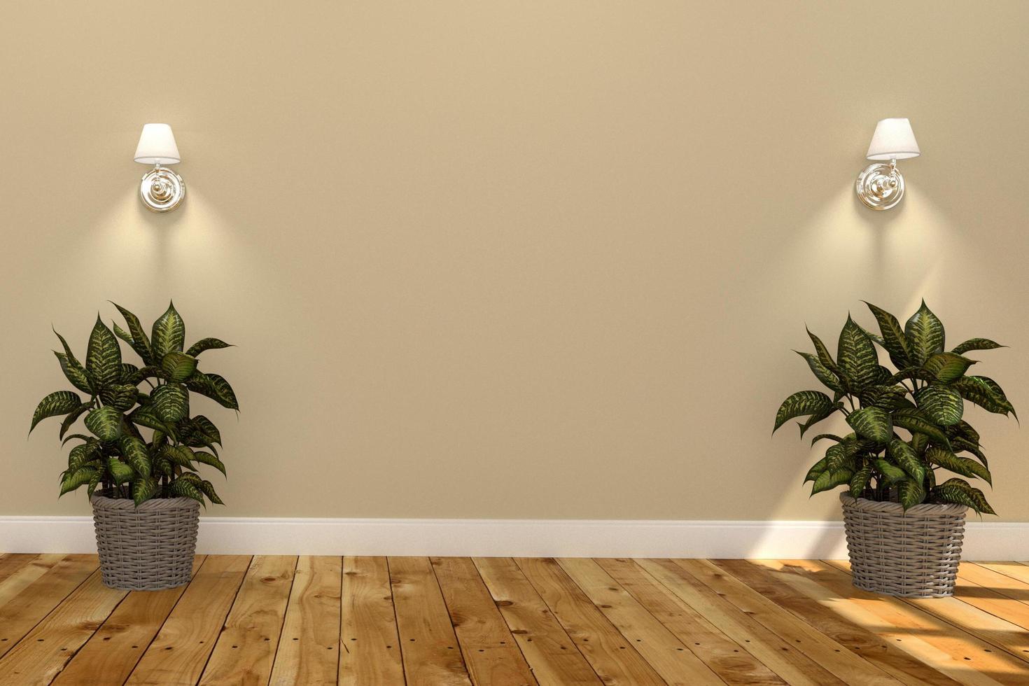 interior de la sala de estar, plantas de madera sobre fondo de pared amarilla. Representación 3d foto