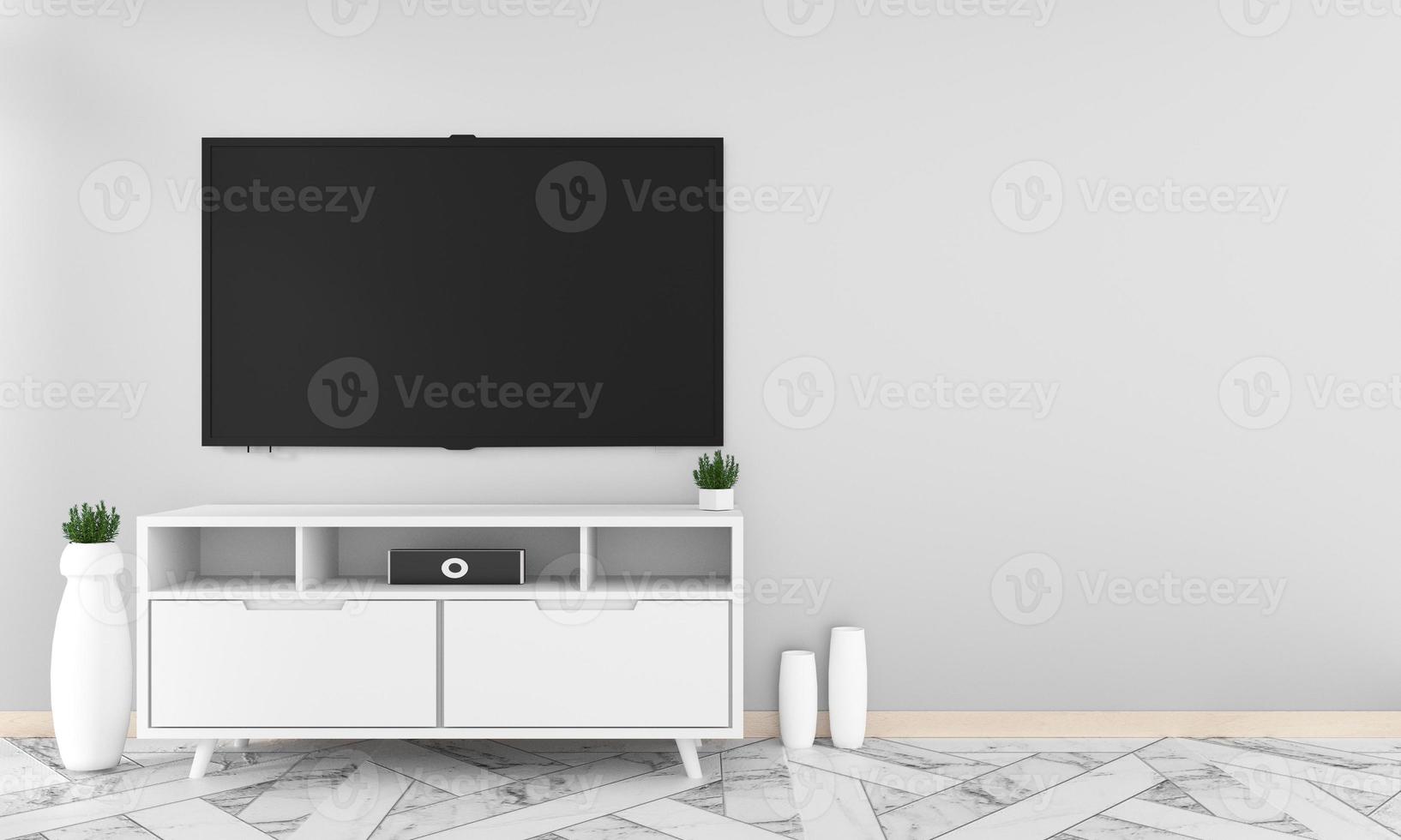 Maqueta de Smart TV con pantalla negra en blanco colgada en la decoración del gabinete, estilo moderno de sala de estar zen. Representación 3d foto