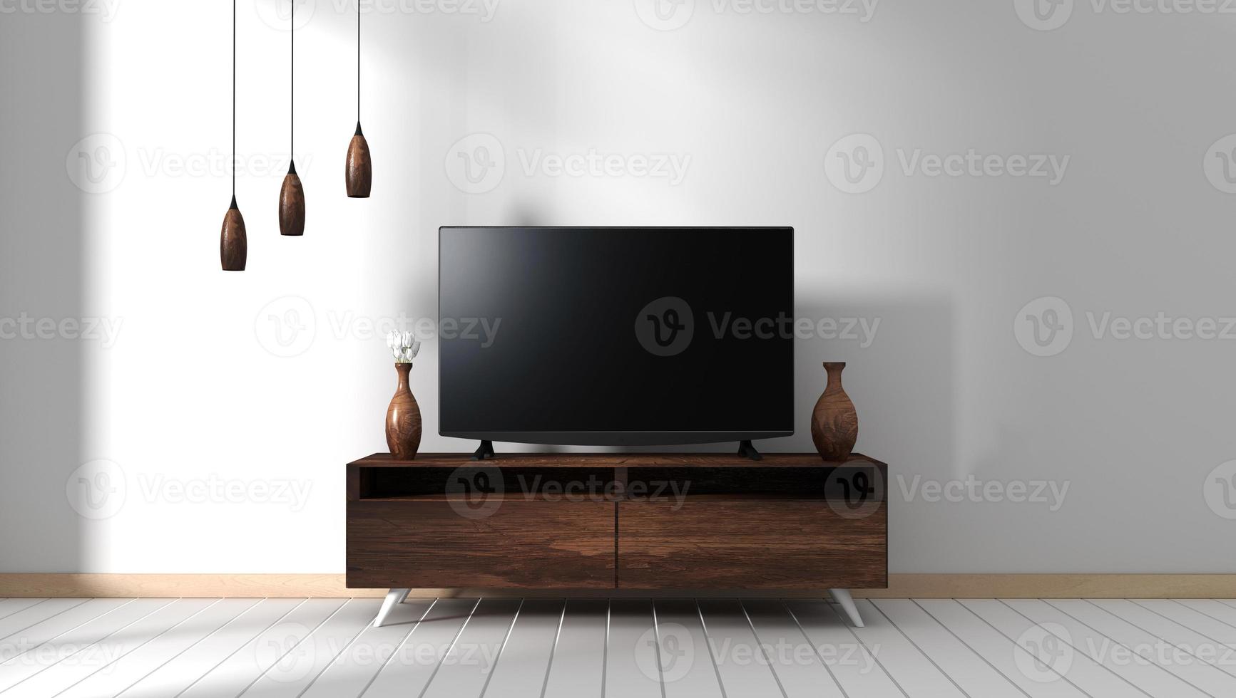 Smart Tv Mockup with blank black screen hanging on the cabinet decor, modern living room zen style. 3d rendering photo