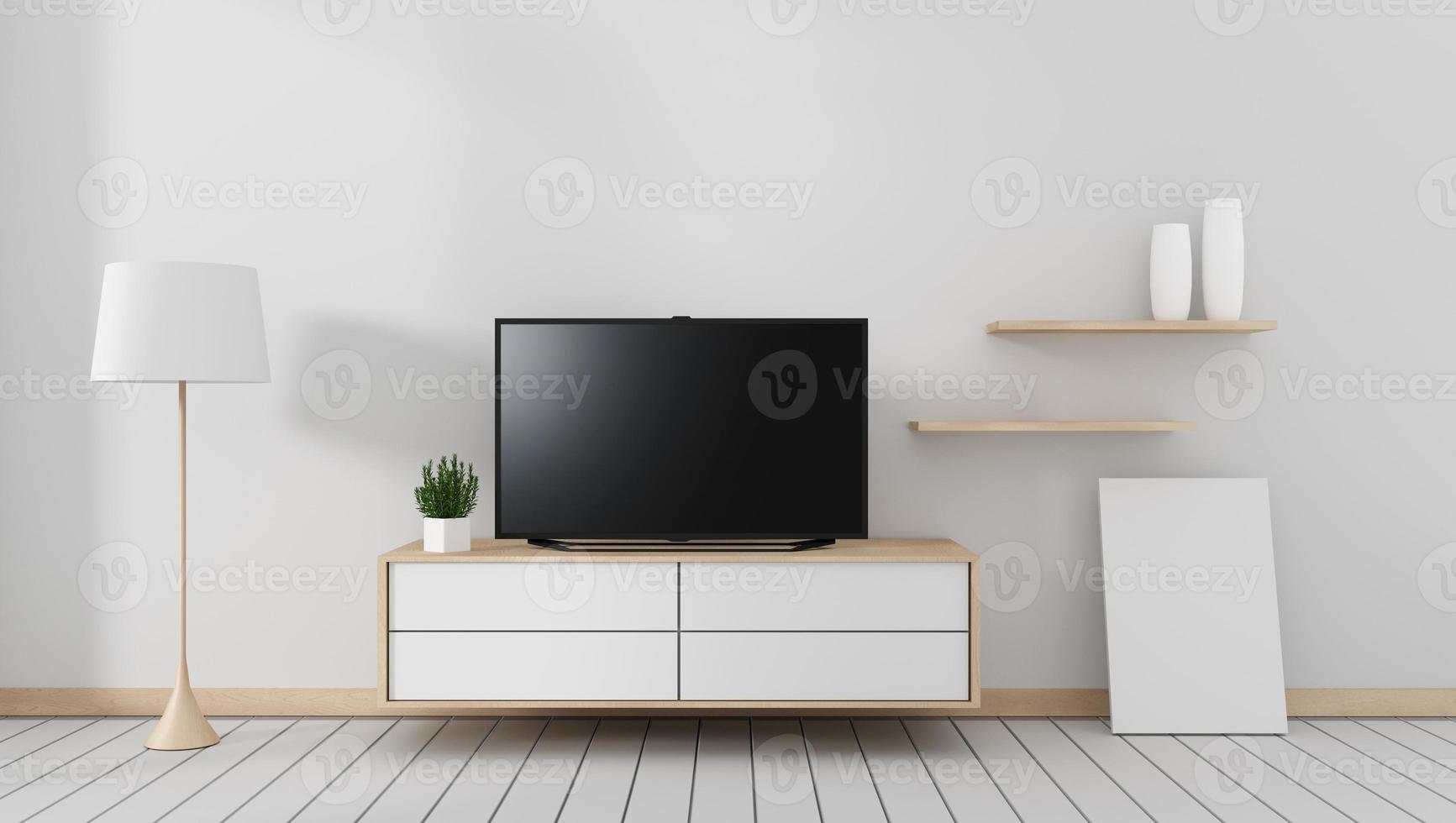 Maqueta de Smart TV con pantalla negra en blanco colgada en la decoración del gabinete, estilo moderno de sala de estar zen. Representación 3d foto