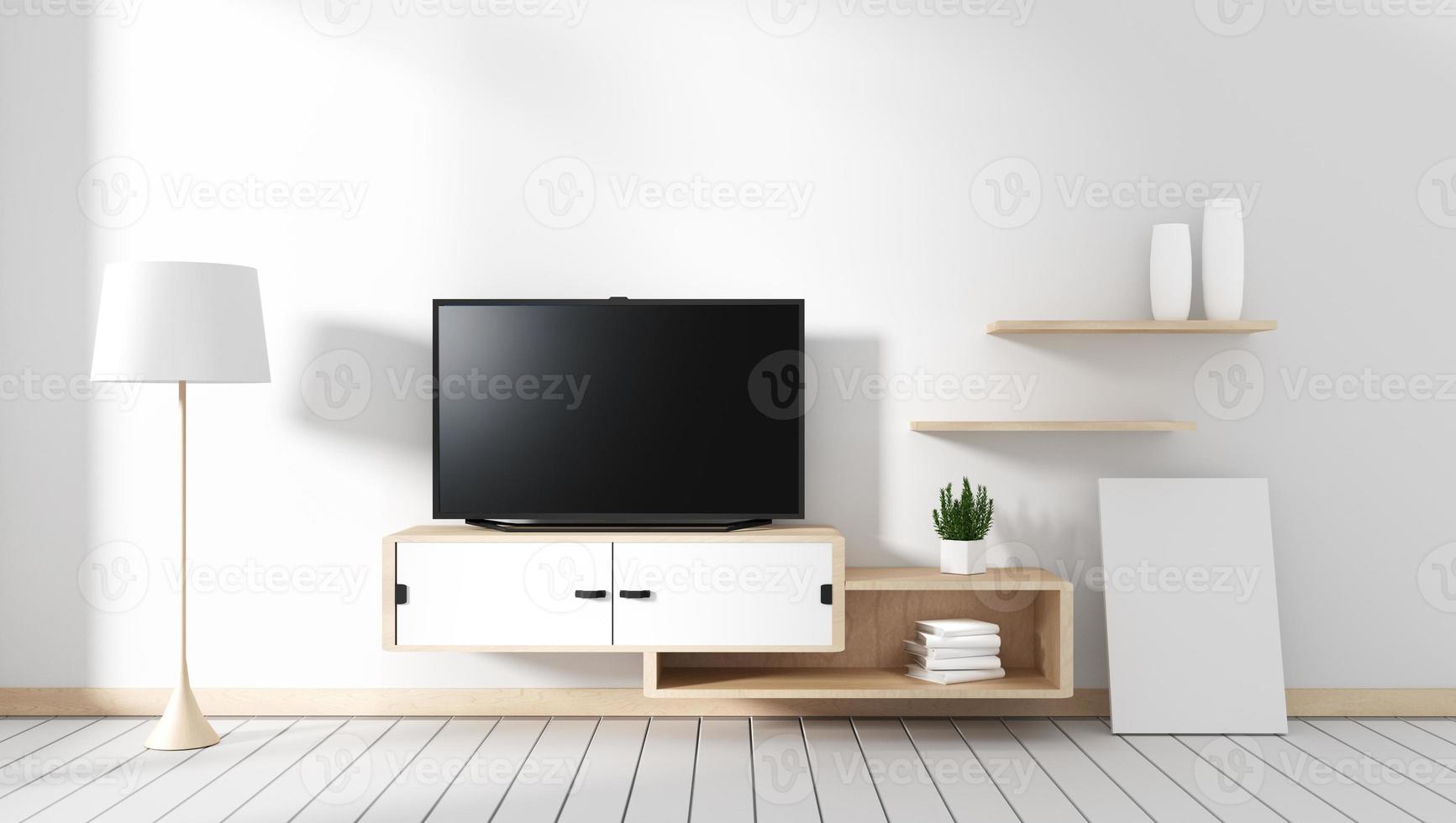 Smart TV: pantalla negra en blanco que cuelga del gabinete, sala de estar moderna con piso de madera blanca. Representación 3d foto